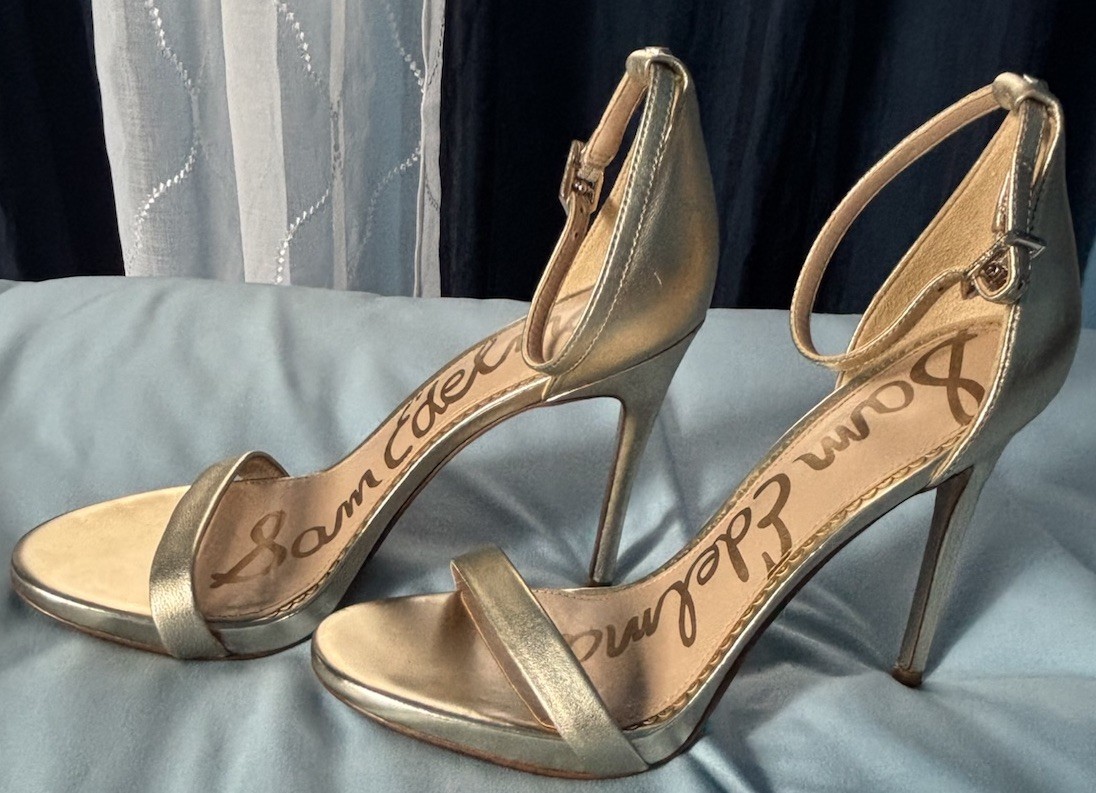 Sam Edelman Ariella Gold Leather Open Toe Stiletto Ankle Strap Heels US 7