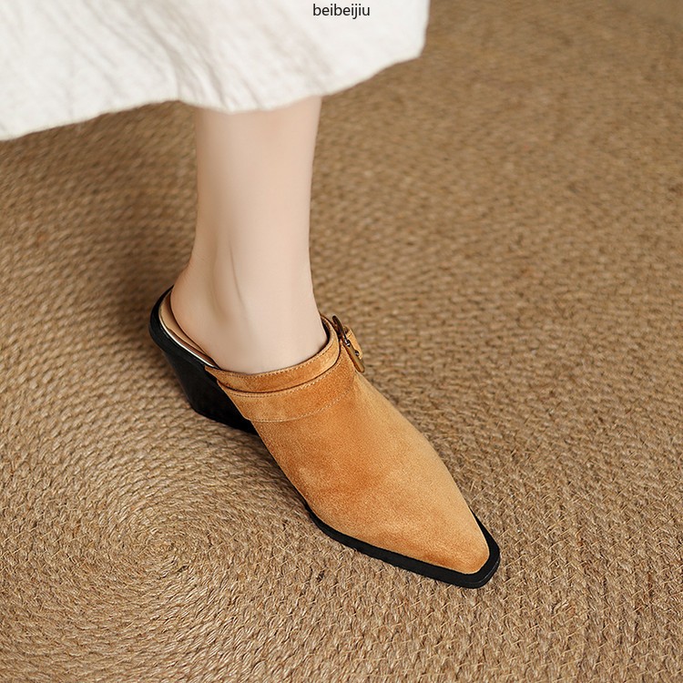 Women’s Closed Pointed Toe Slipper Mid Wedge Heel Sandals Suede Leather Shoes