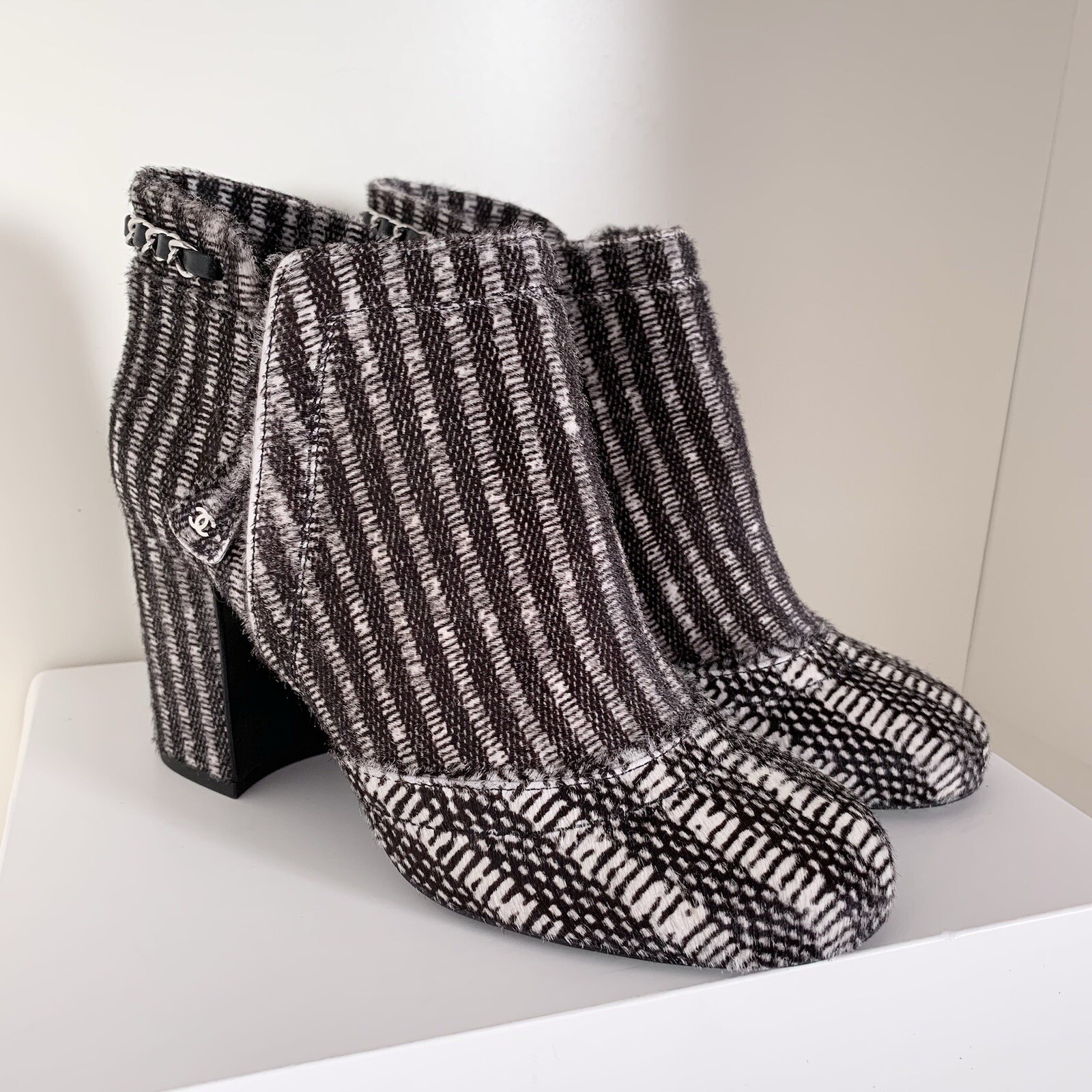 Chanel Pony Hair Chain Logo Zipper Heel Boots 36 Retail $2100