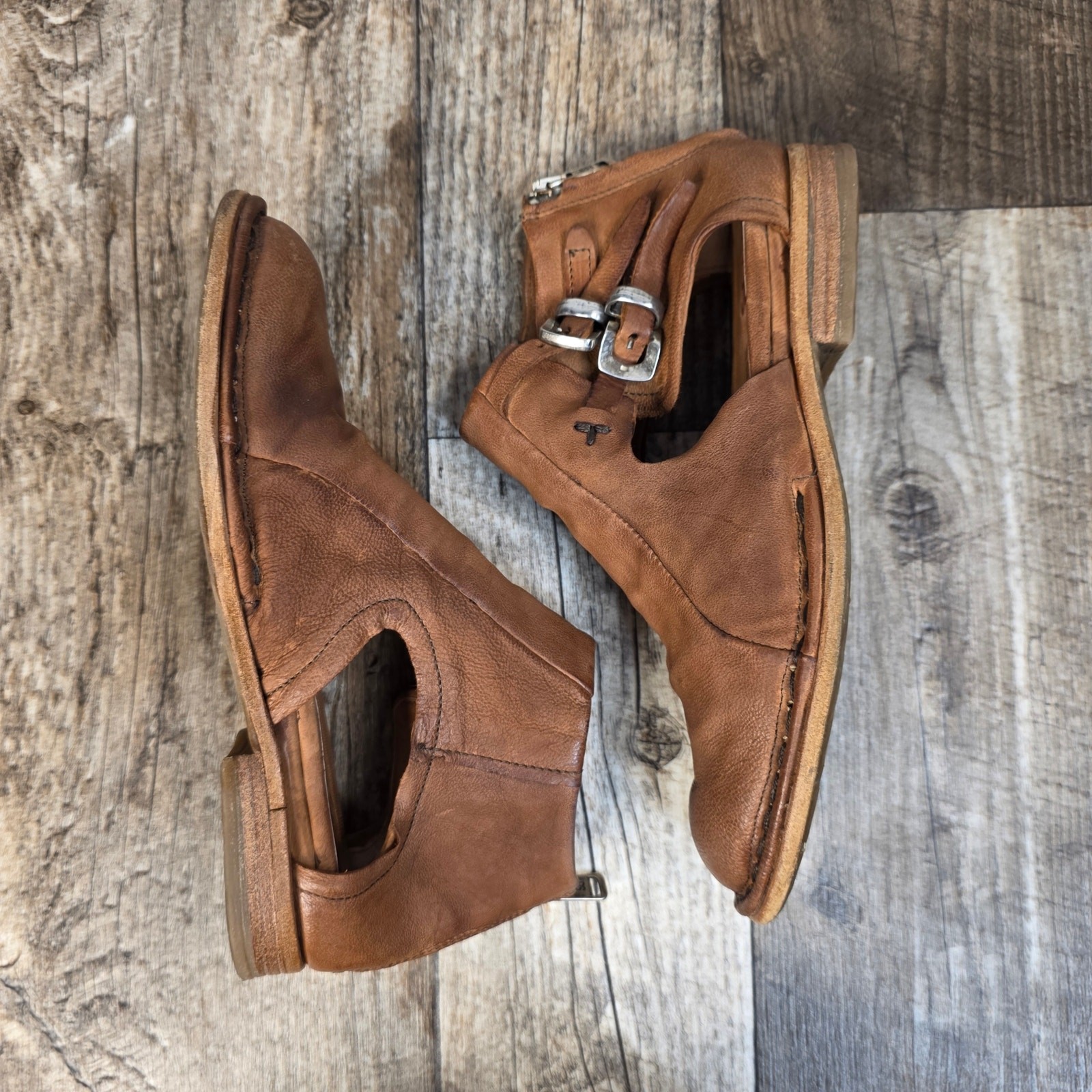 AS98 Dusty Meadow Cognac Leather Sandals Boots Cut Outs Boho Size 37 (US 6.5-7)