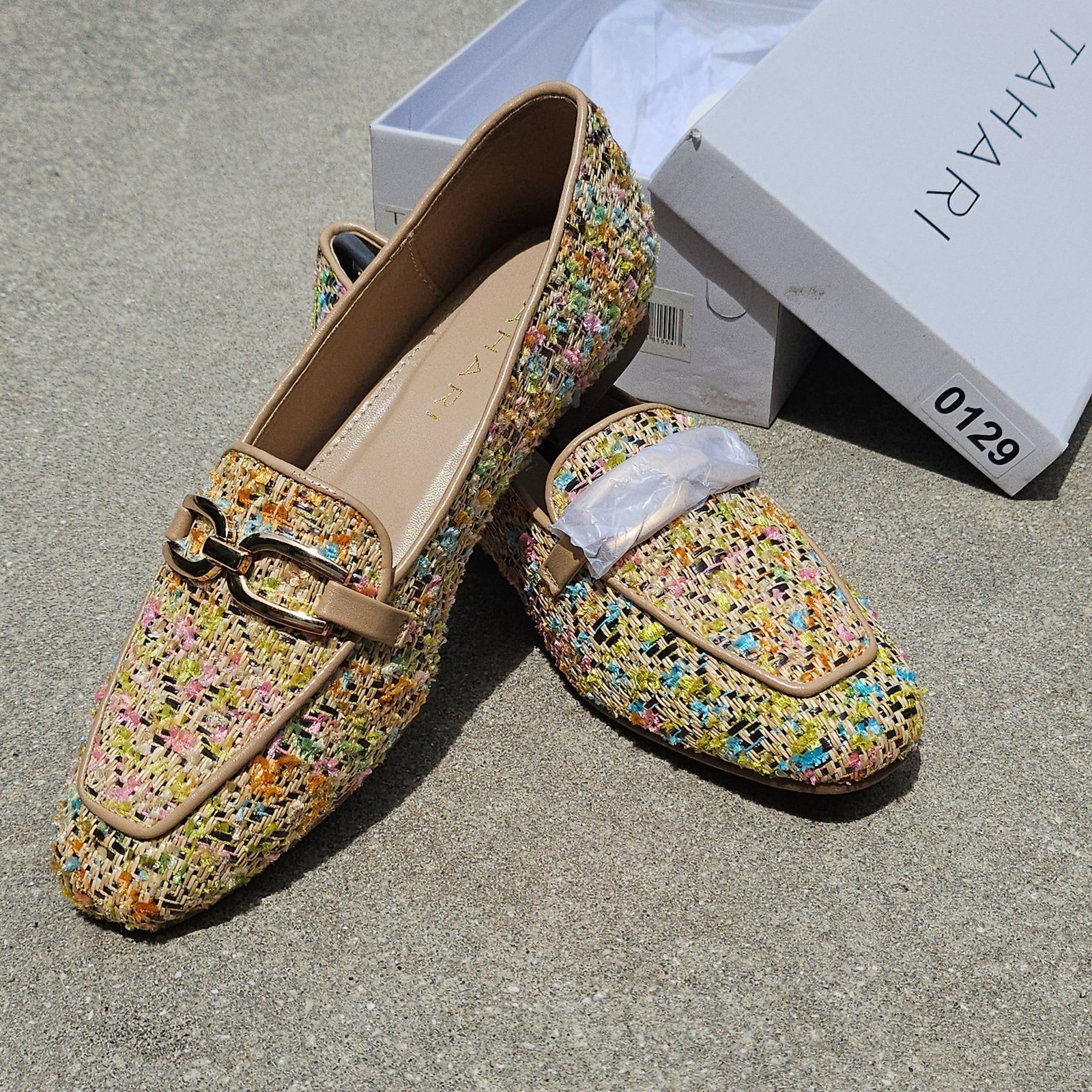 Tahari Royal Multi-Color Tweed Slip-On Loafers with Buckle Detail