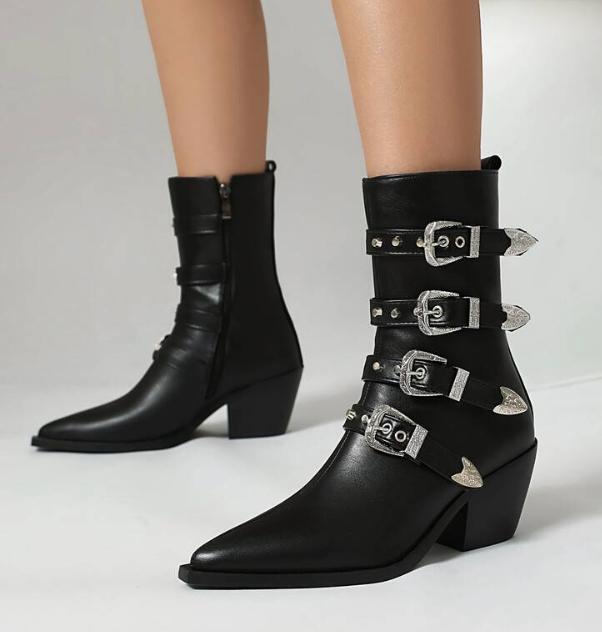 Western Womens Ankle Boots Block Heel Pointy Toe Buckle Cowboy Chelsea Shoes Hot