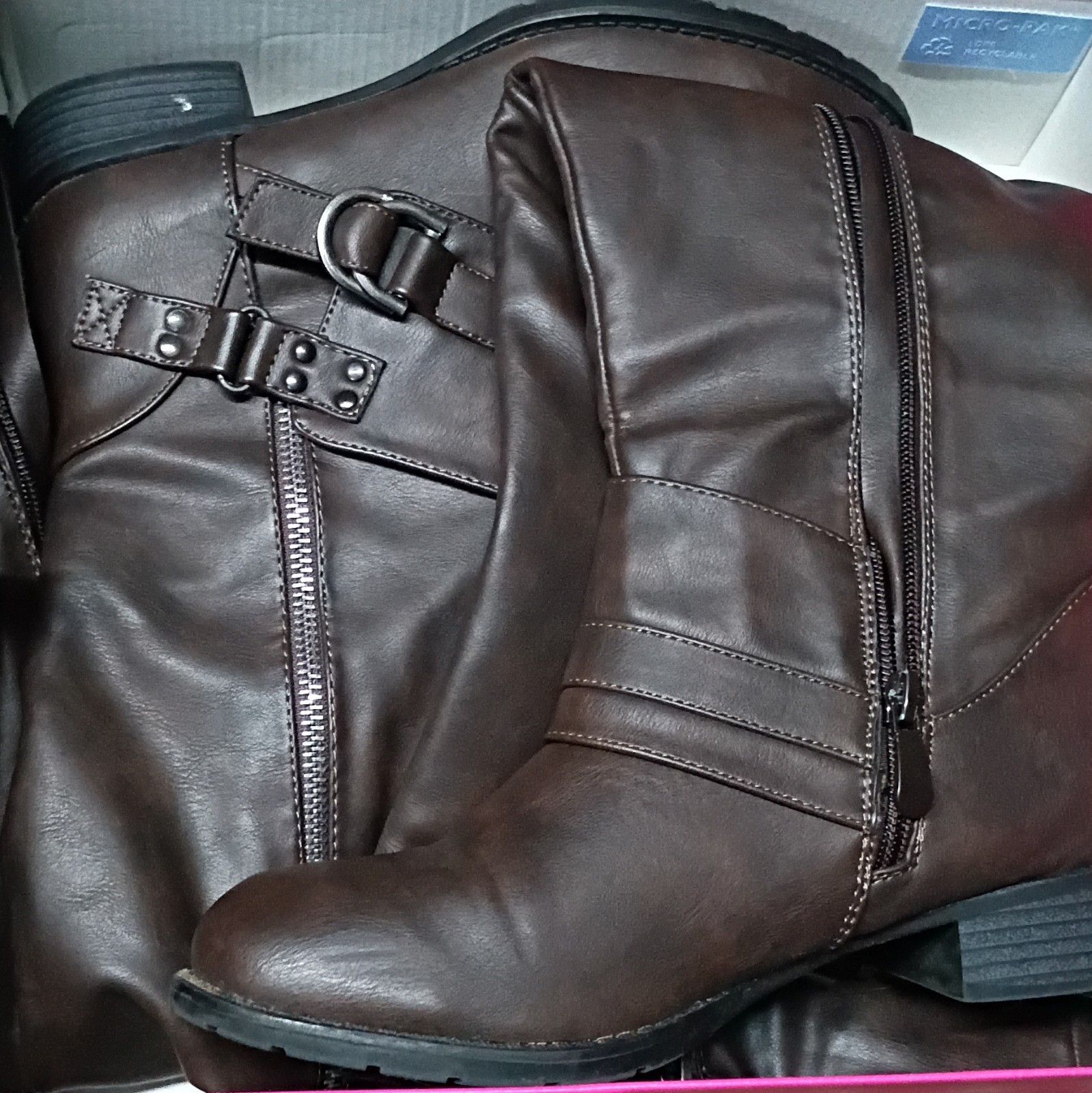 JustFab Robienne Brown Knee High Riding Boot Round Toe Zip Buckle Straps US 8