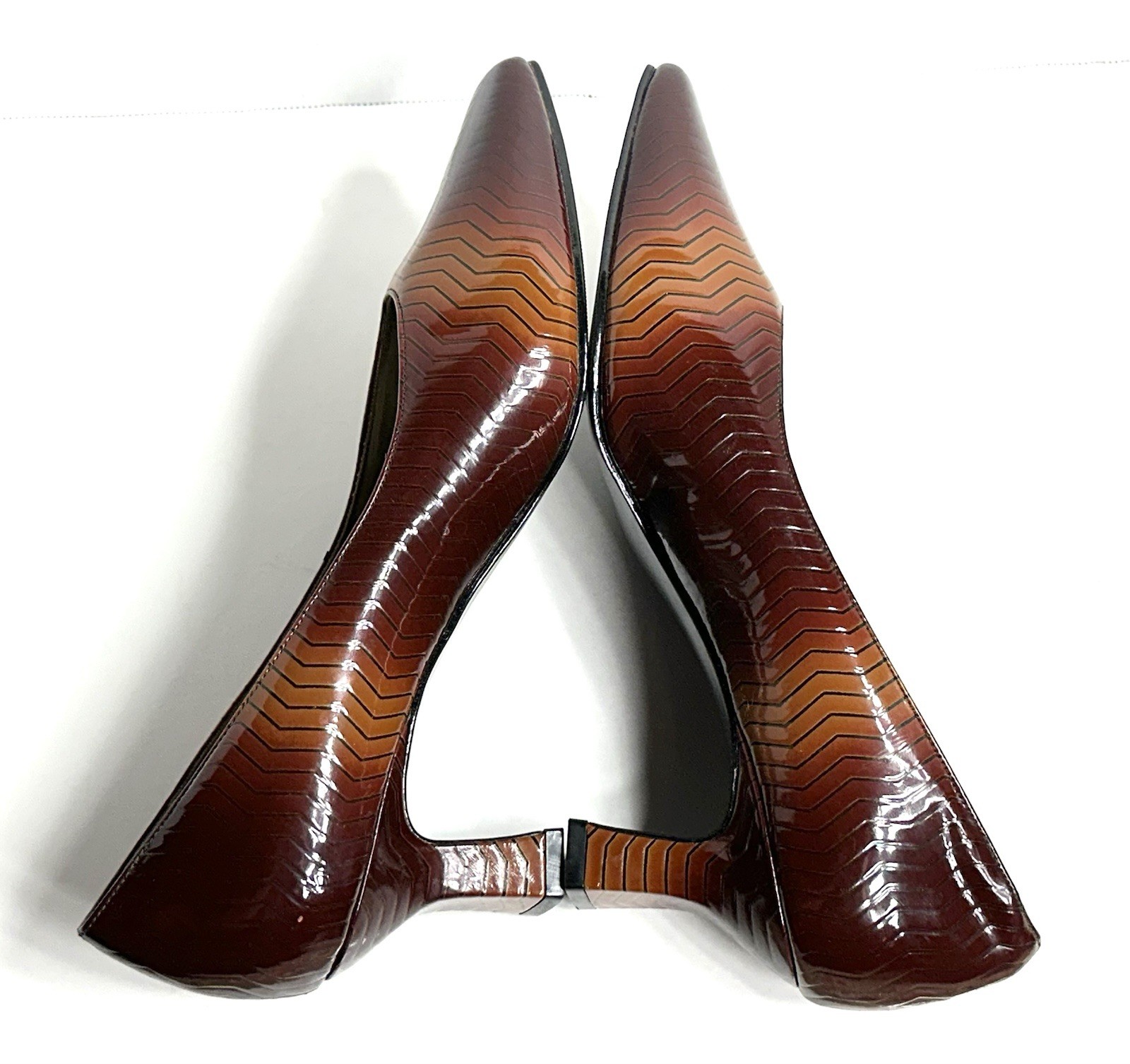 Vintage Tortoiseshell Heels Brown Patent Leather Chevron AMANDA Size 11 US NEW!!