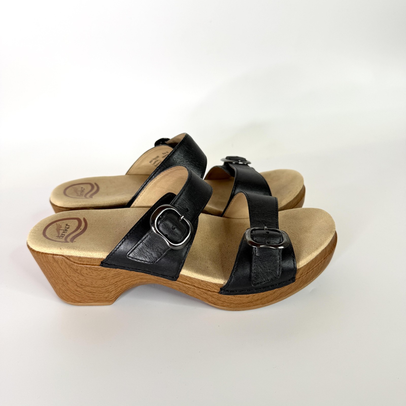 Dansko Sandals Womens Size 9 Black Leather Slide Wedge Buckle Comfort Shoes