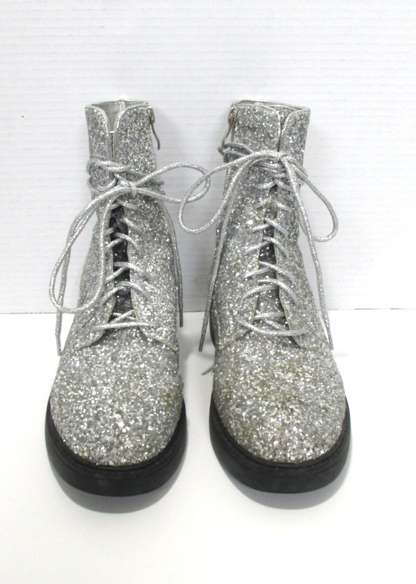 Fashion Glitter Combat Boots Womens 7 Silver Lace Up Zipper Boots Shoes READ