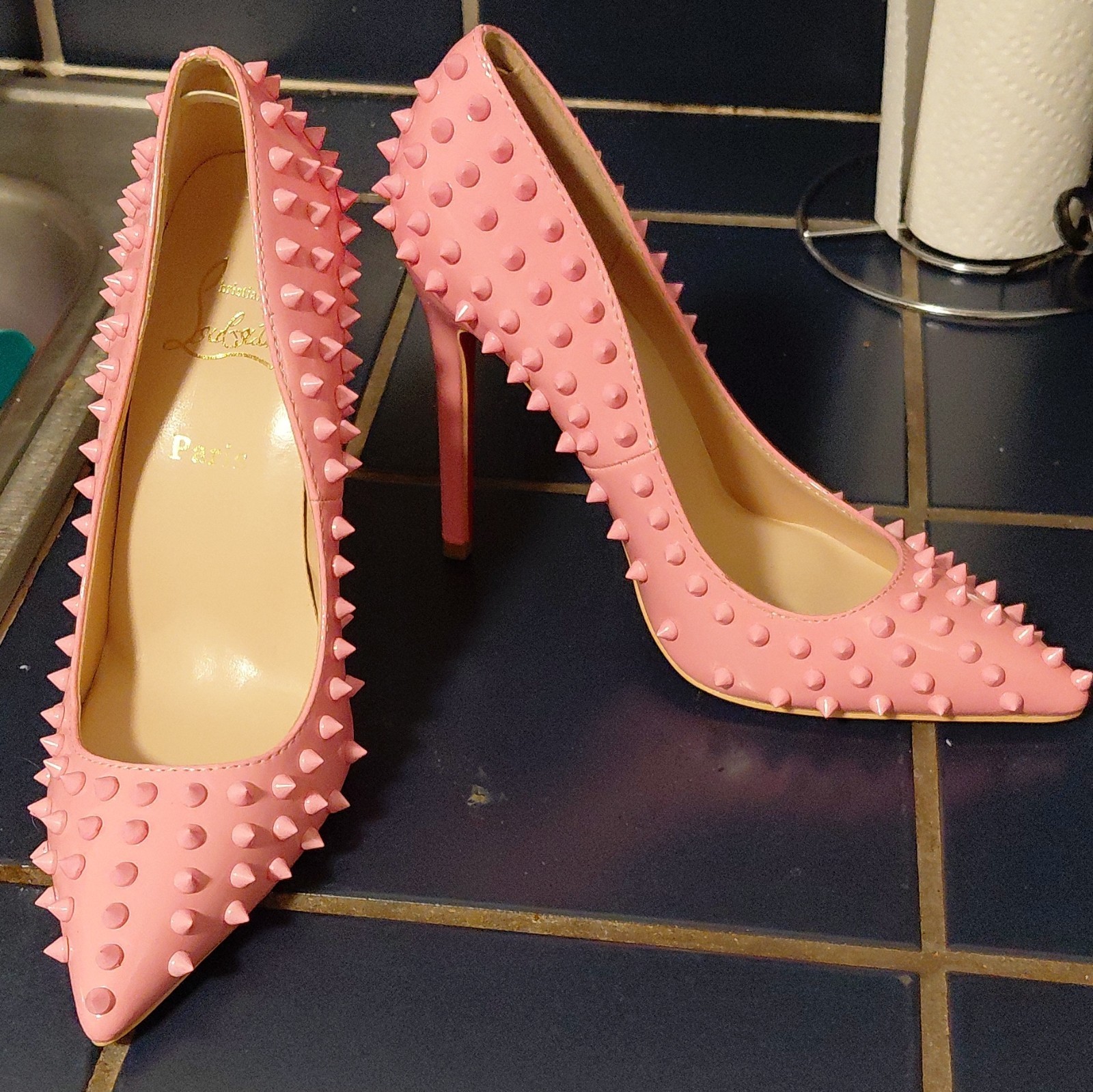 Christian Louboutin Pink Spiked Studded Pointed Toe Leather Stiletto Pumps 40