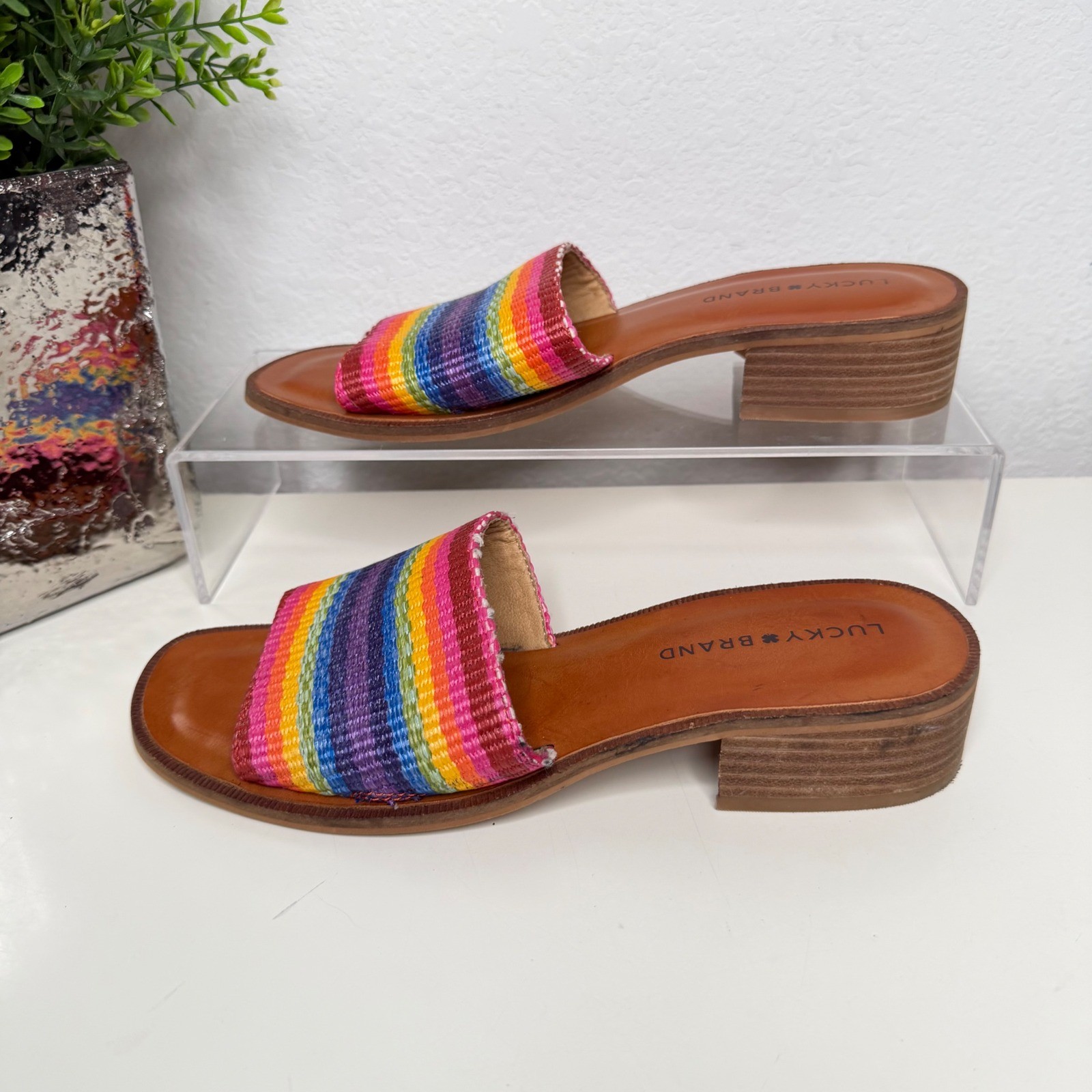 Lucky Brand Frijana Slide Sandals Multi Rainbow Woven Boho Block Heel 8.5M