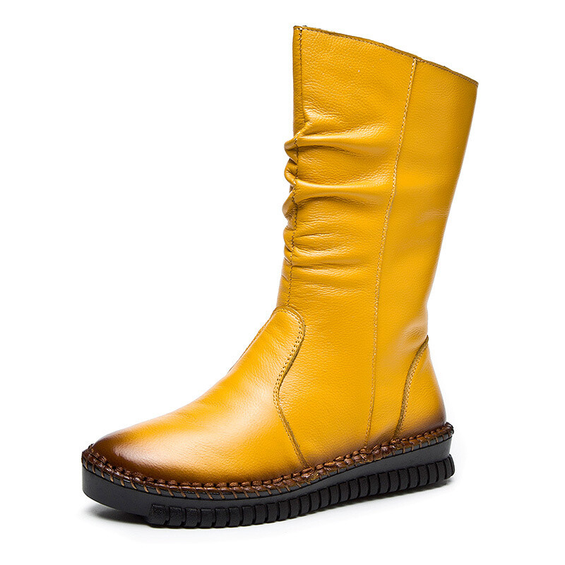 Women Boots Autumn Leather Retro Mid-Calf Boots Flat Shoes Real Leather Boots
