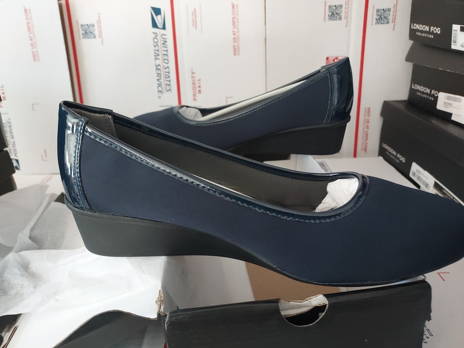 LONDON FOG Chester NAVY BLUE Neoprene Dress Wedge womens size 10 M, #trl8