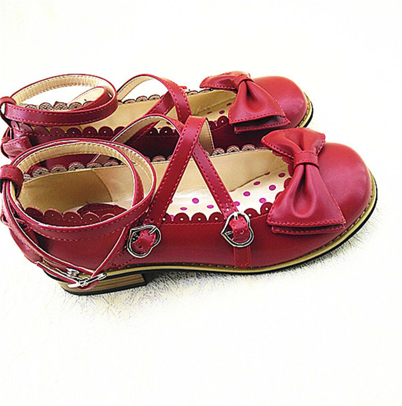 Women Lolita Low-heeled Mary Jane High Heel Cross Straps Bow Knot Princess Shoes