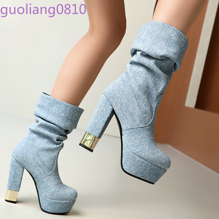 Women’s Faux Leather Mid Calf Boots Slip On Shoes Round Toe Block Heel Platform