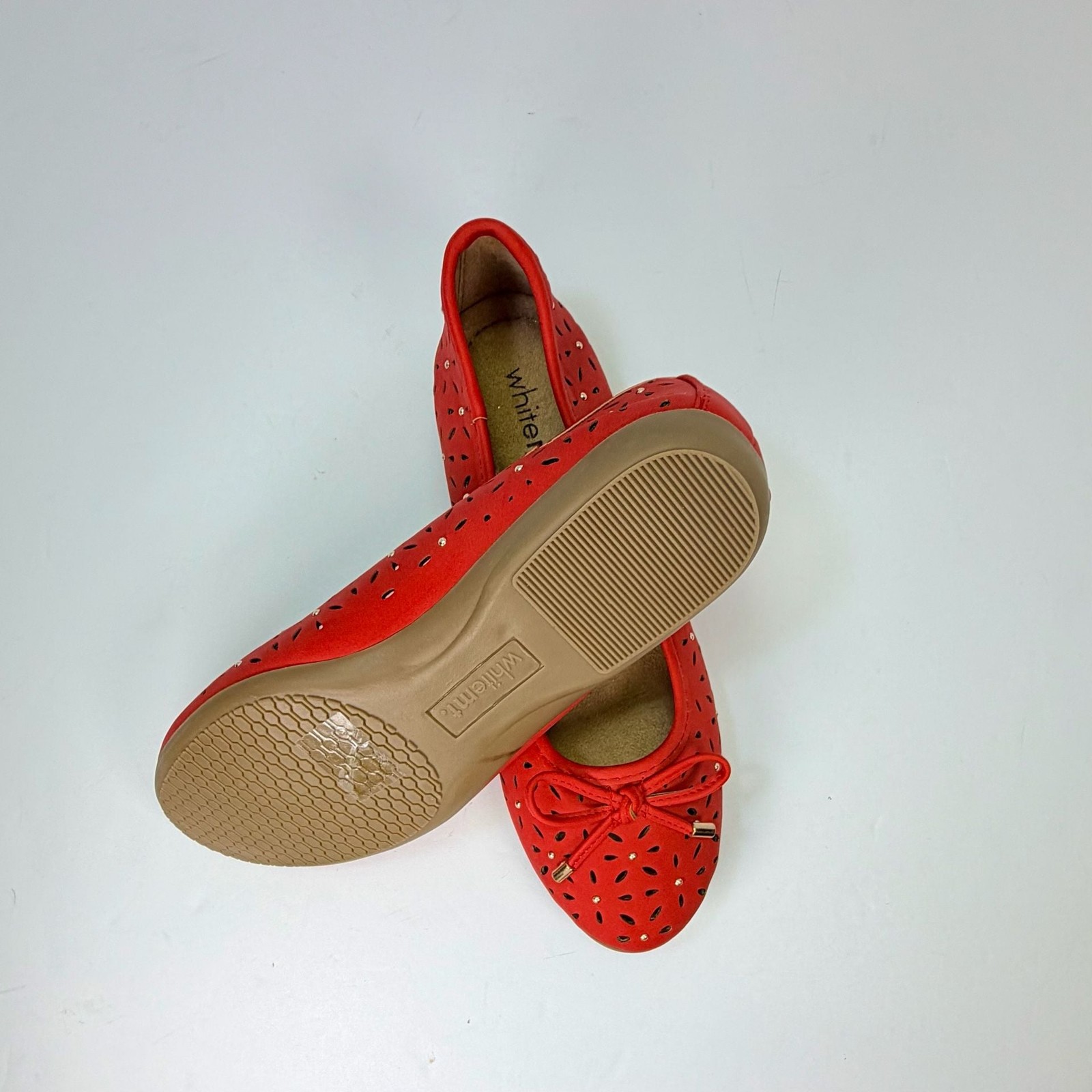 whitemt. Red Perforated Ballet Flats with Bow and Gold Detail 6M