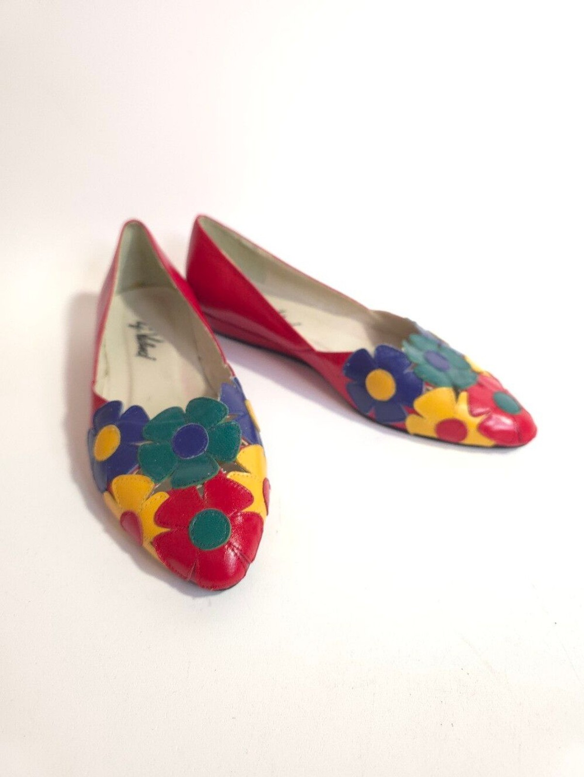 Vintage Aj Valenci Daisy appliqué Mod floral Leather Flats Size 7M 80s Art Shoes