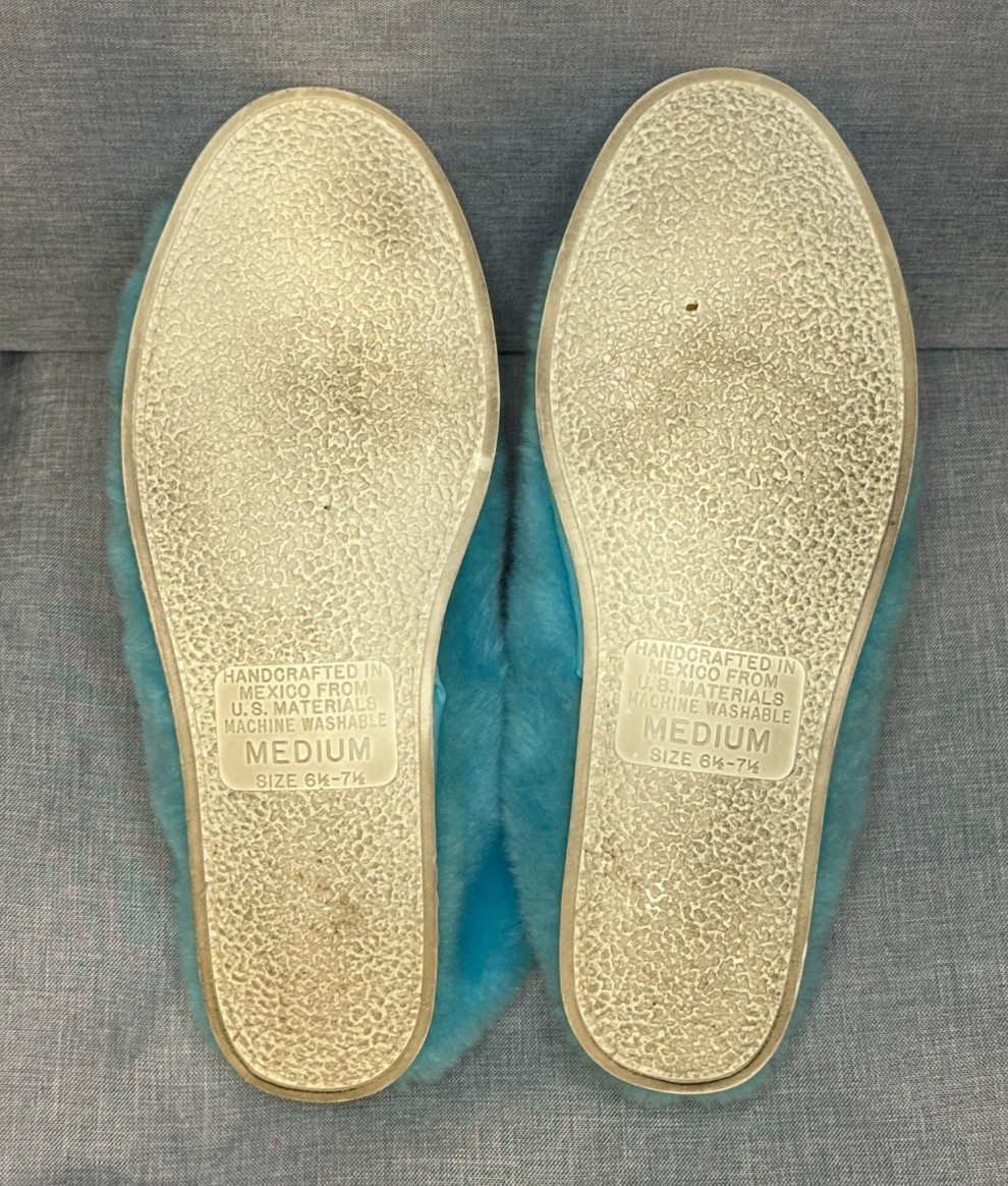 Vtg Fluff Scuff Fuzzy Faux Fur aqua blue Slippers Rubber Sole Medium 6.5-7.5