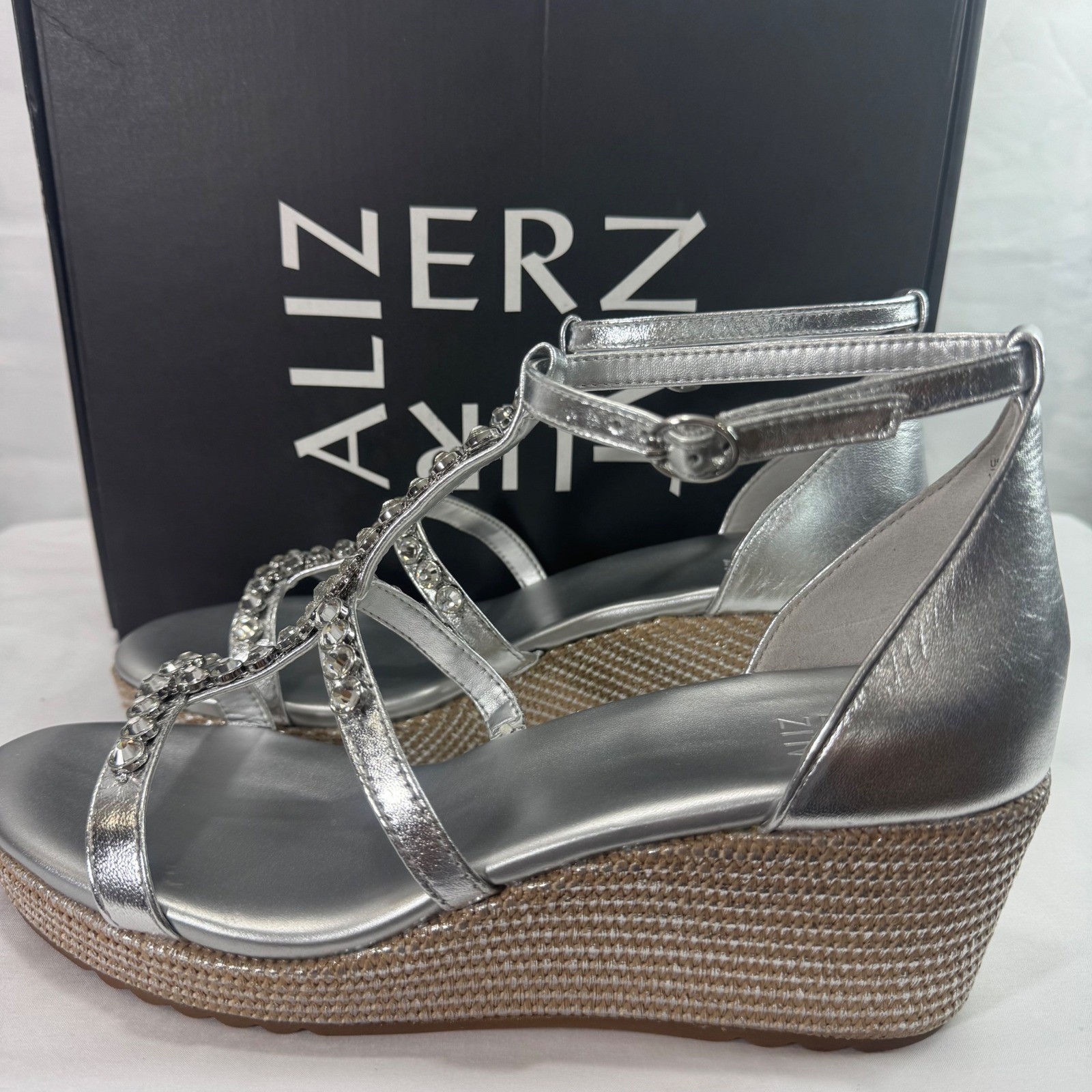 New Naturalizer Serena Silver Metallic Rhinestone Espadrille Wedge Sandal Sz 13