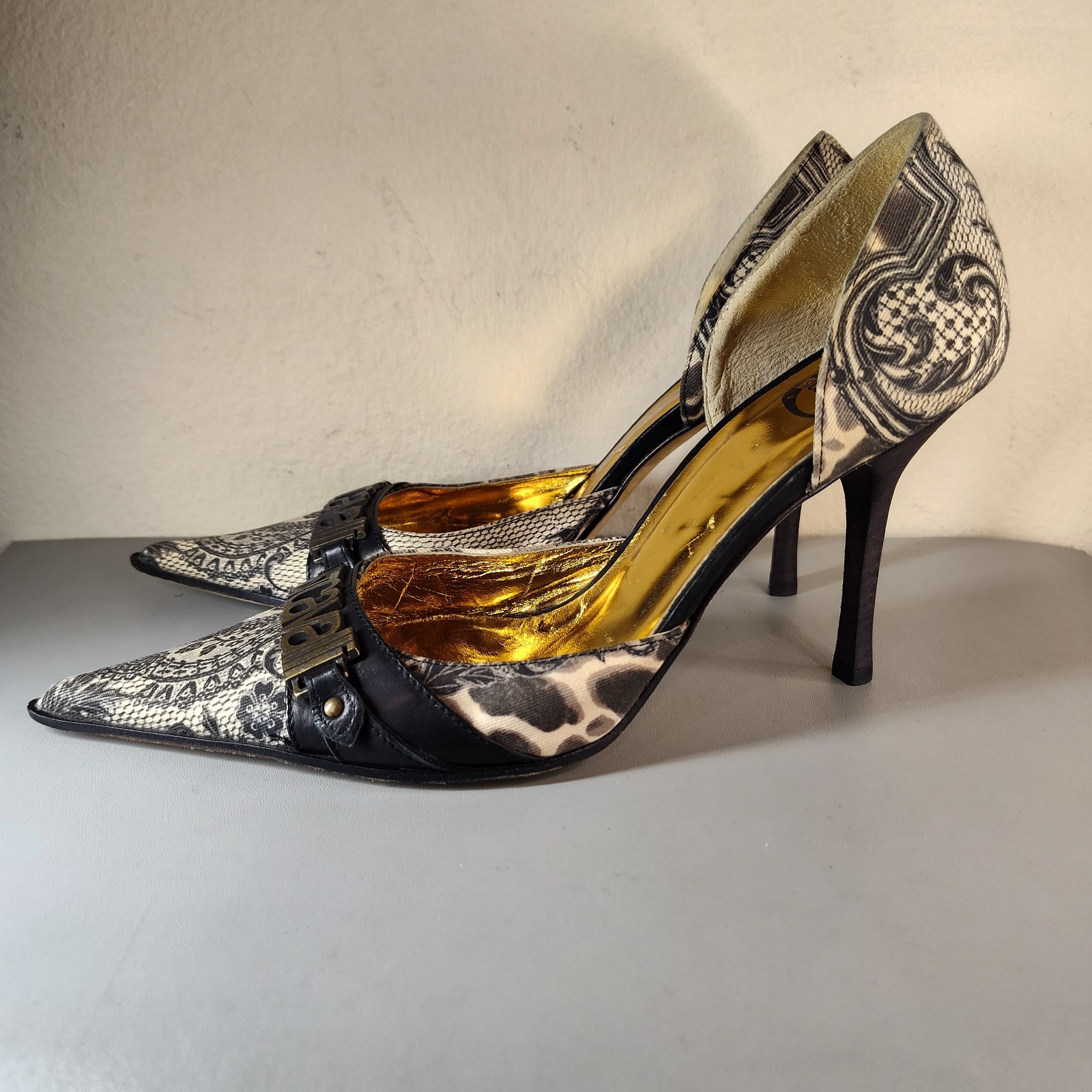 Just Cavalli Women’s Heels Black White Floral Print EU Sz 38.5 US 8.5