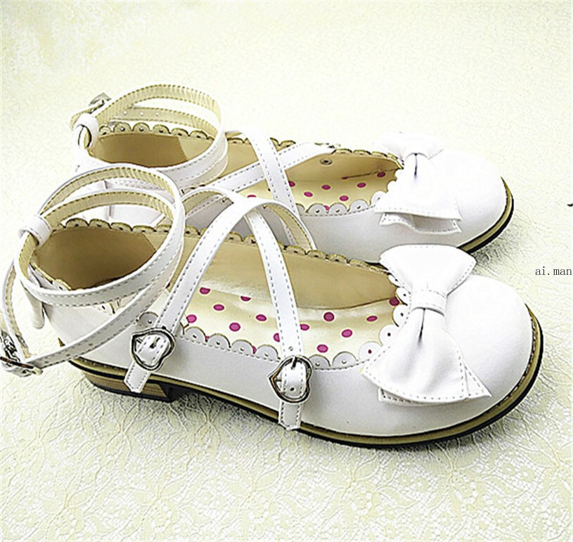Women Lolita Low-heeled Mary Jane High Heel Cross Straps Bow Knot Princess Shoes