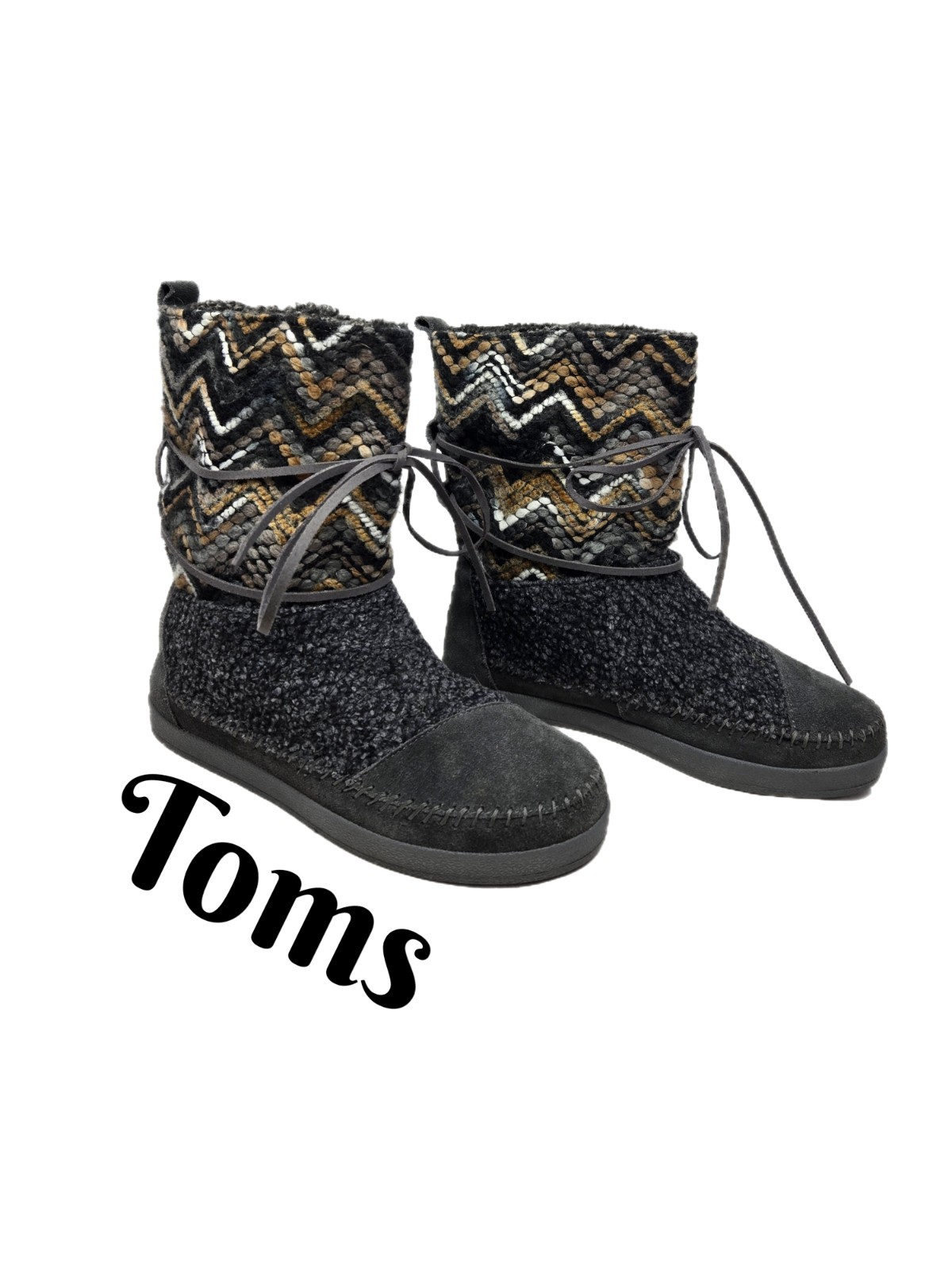 Toms Womens Boots Sz 8 Nepal Boho Suede Textile Yarn Chevron Lined Mid Pull On