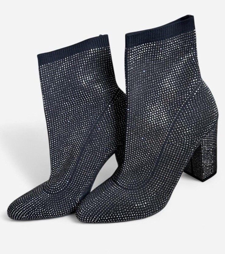 Thompson Kellie Black Glitter Sock Ankle Booties Pointed Toe Zip Women’s 8.5M