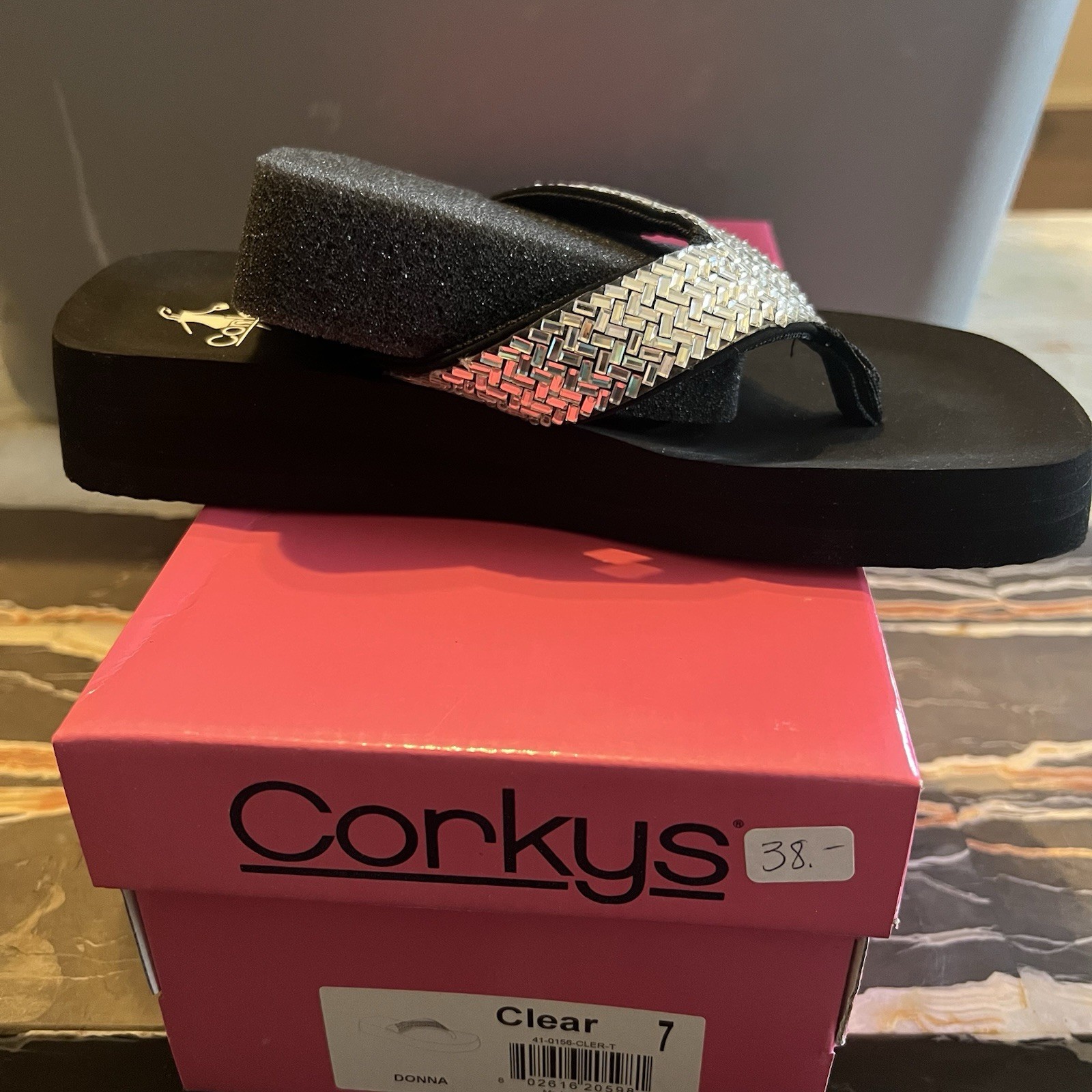 Corkys Women’s Wedge Flip Flop Sandals Black/Silver Metallic Slip-On US 7