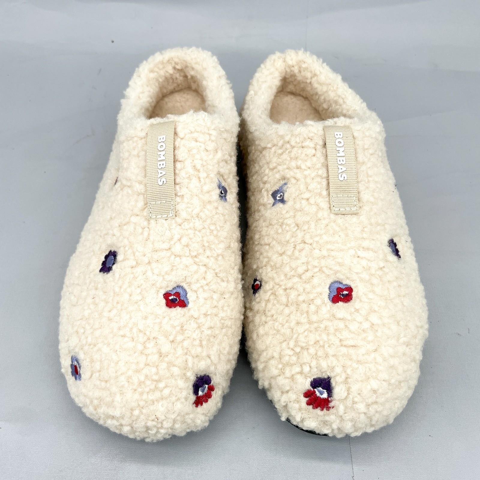 Bombas Womens 9 Sunday Slipper Cream Sherpa Floral Embroidered Cozy Boho Comfort