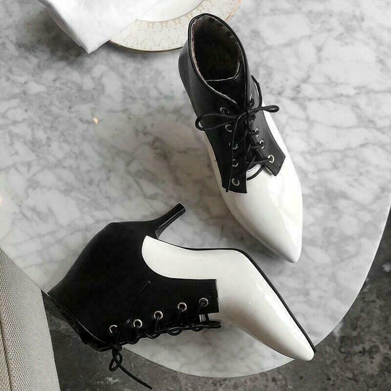 Splicing Women’s Faux Leather Ankle Boots Lace Up Shoes Kitten Heel Pointy Toe