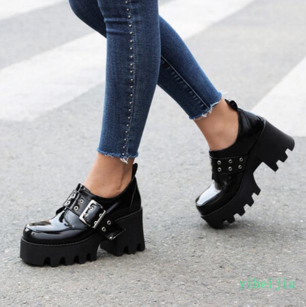 Women’s Leather High Heel Shoes Square Toe Creeper Plus Size Platform Thick Sole