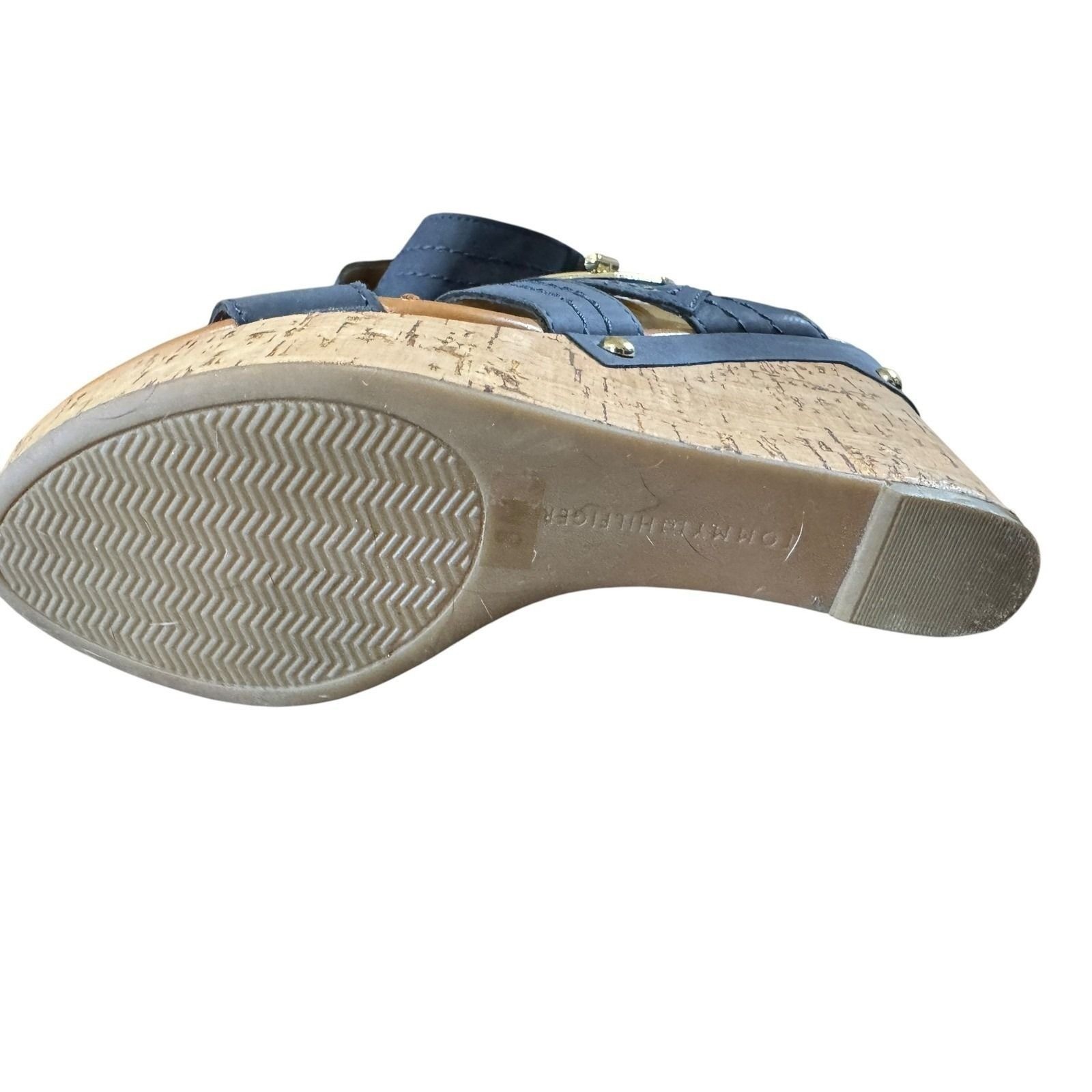 Tommy Hilfiger Womens Navy Blue Cork Wedge Sandals Gold Turn Lock Hardware 8M