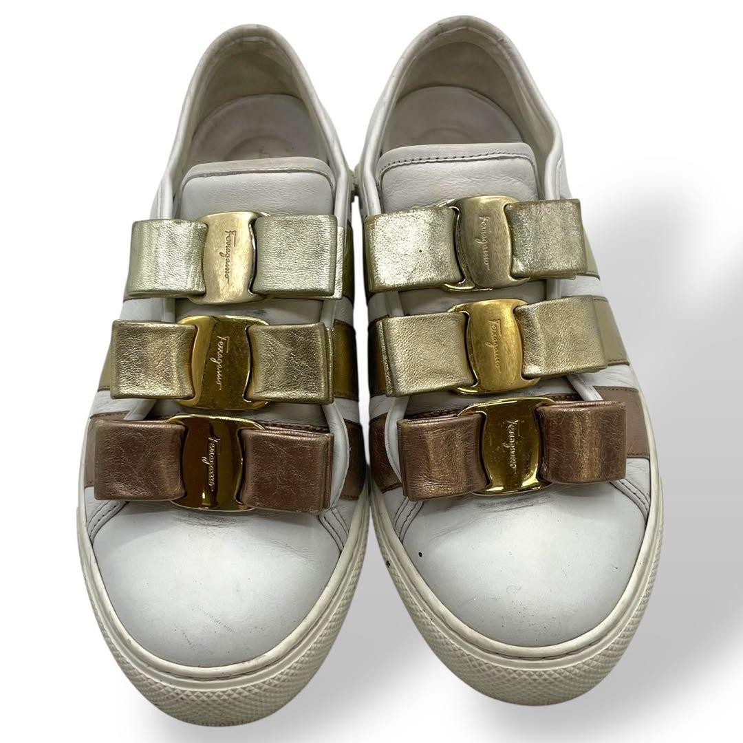 Women 6.5US Ferragamo Sneakers Slip-On Leather Vara Metal Color VHTF Designer Co