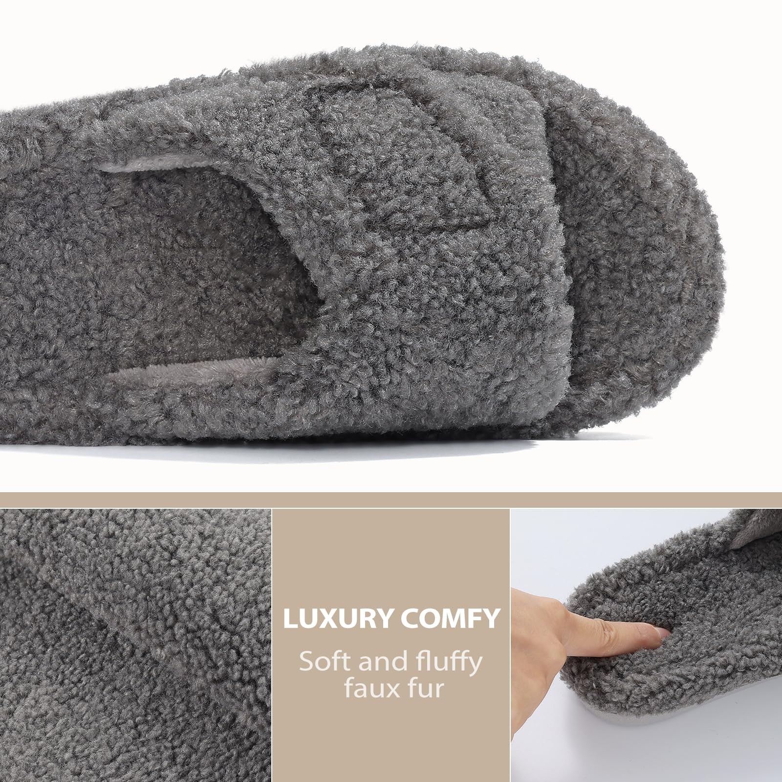Litfun Womens Fuzzy Arch Support Slippers 5.5-6 Women/4-4.5 Men, Grey Nubby
