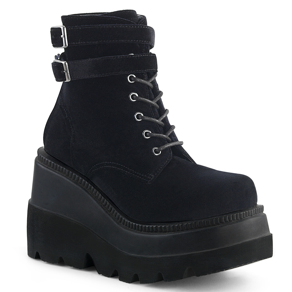 BLACK VELVET 4.5″ ANKLE BOOT-LACES & BUCKLE STRAPS-PLATFORM 5 6 7 8 9 10 11 12
