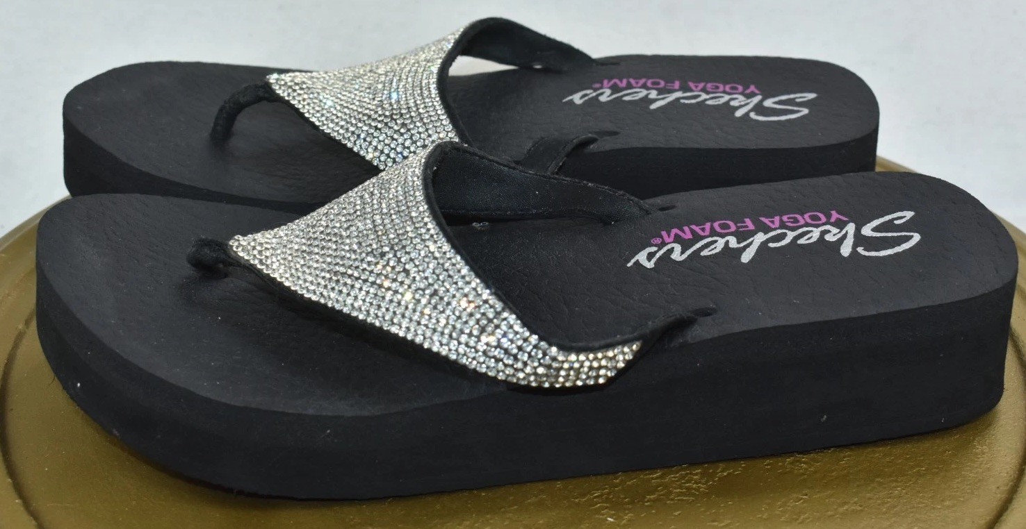 Skechers Vinyasa Women Sandals Size 8 Black Rhinestone Platform Slip On