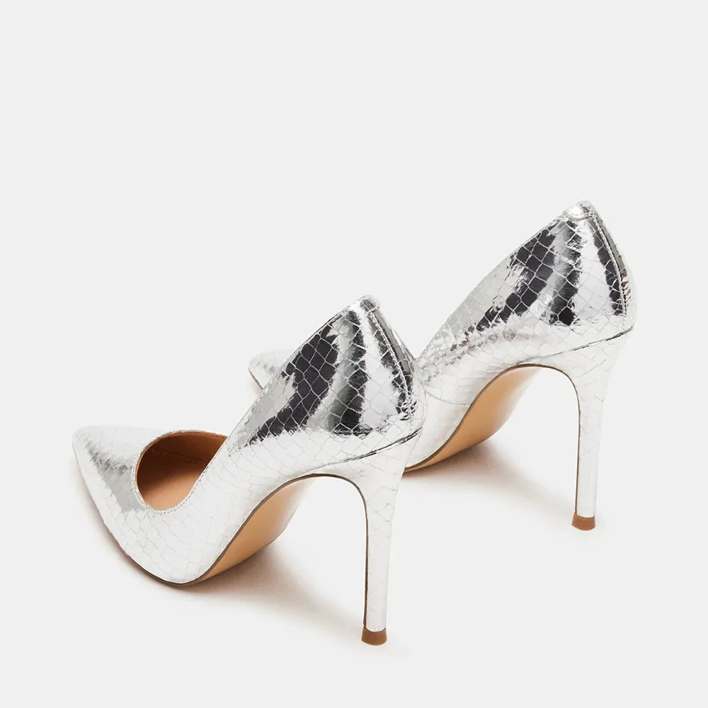 Silver Textured Metallic Heels Pointed Toe Pumps Shoes for Women FSJ202312184