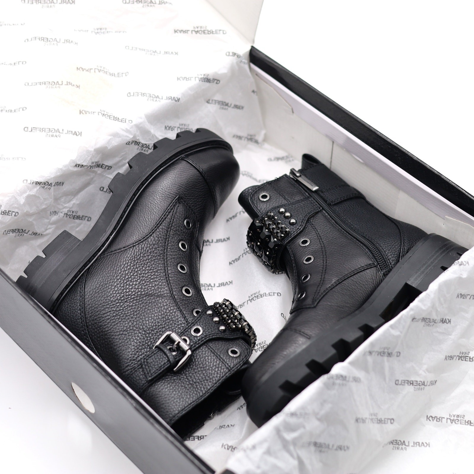 Karl Lagerfeld Paris Women Black Leather Maeva Buckled Combat Booties Size 7M