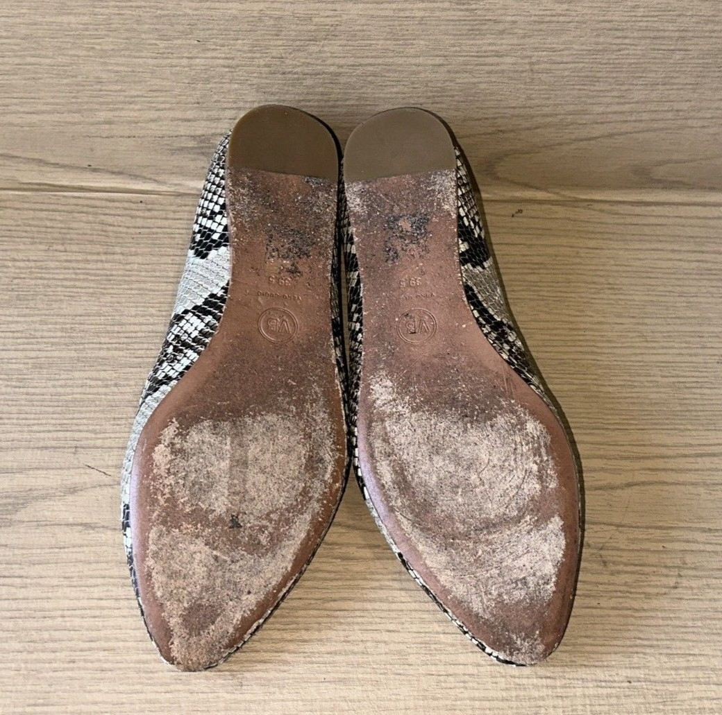VERONICA BEARD SNAKE PRINT LEATHER SEMI ROUND TIP DETAIL CASUAL FLATS Sz 39.5M