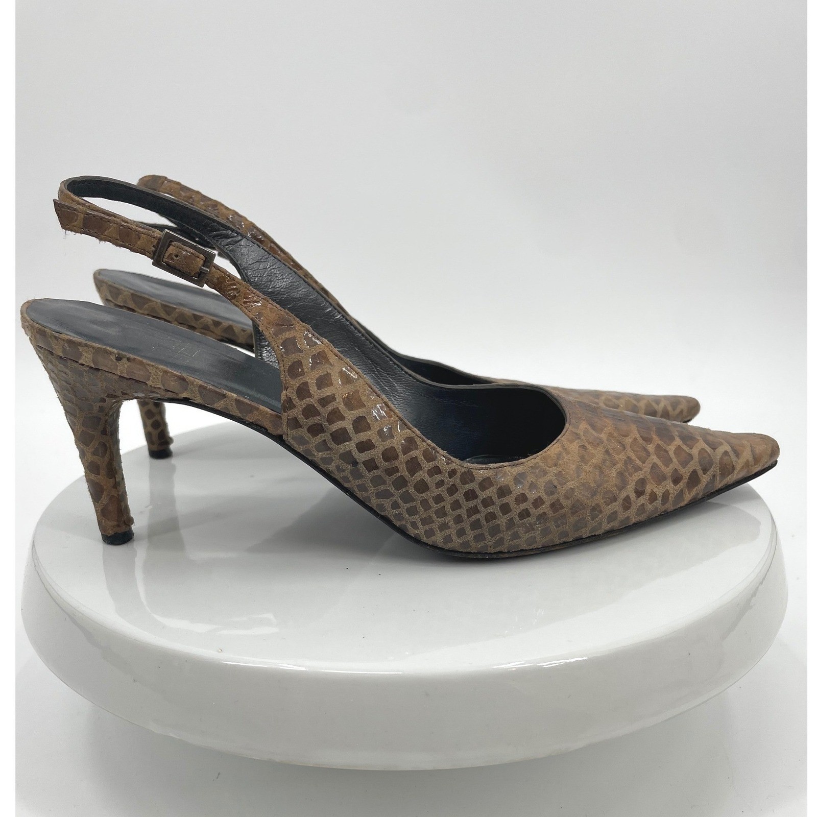 Stuart Weitzman Slingback Pumps Womens 8.5 Brown Leather Snakeskin Pointed Heel