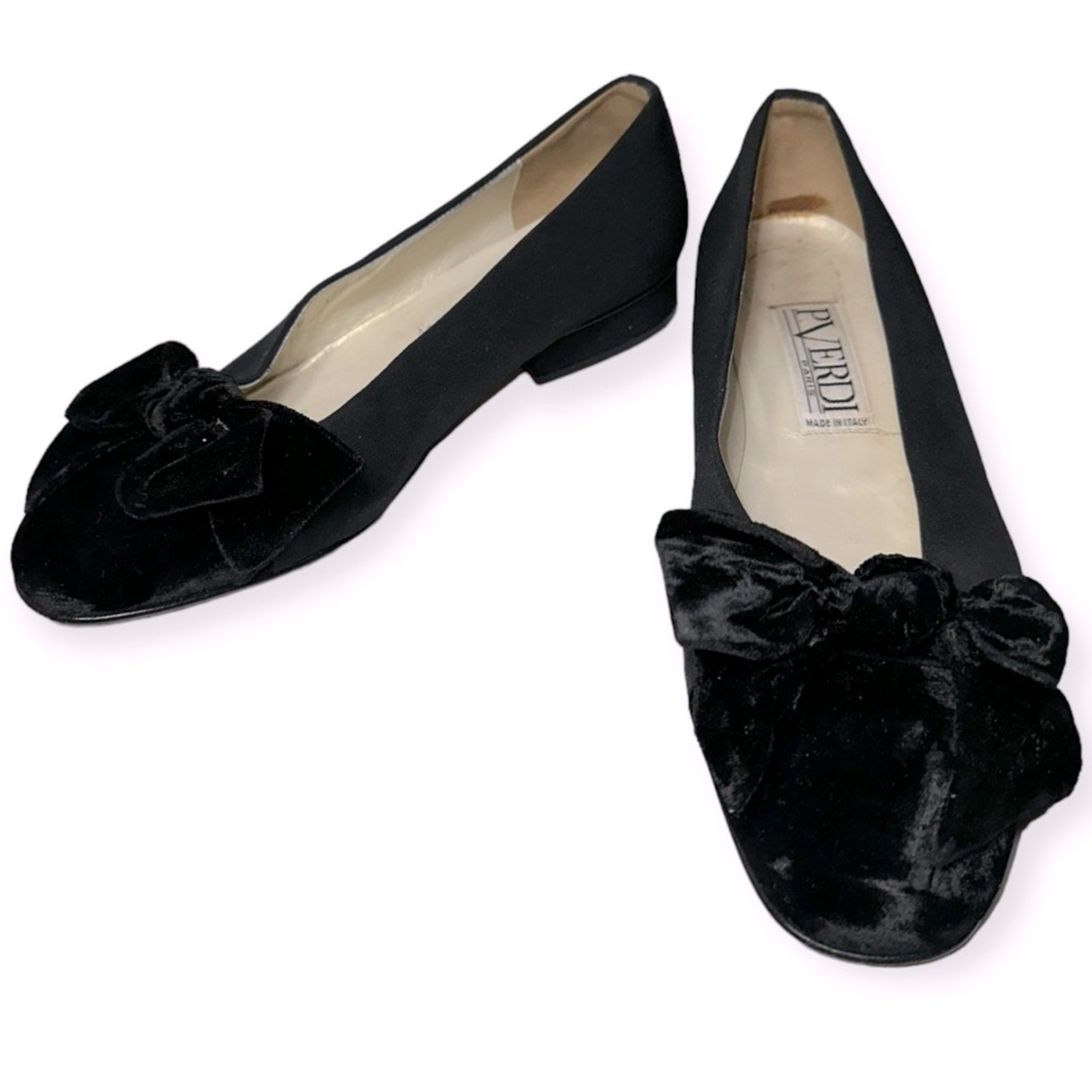 P. Verdi Paris Womens Size 37 6.5 Black Velvet Bow Cap Toe Slip On Loafers Flats