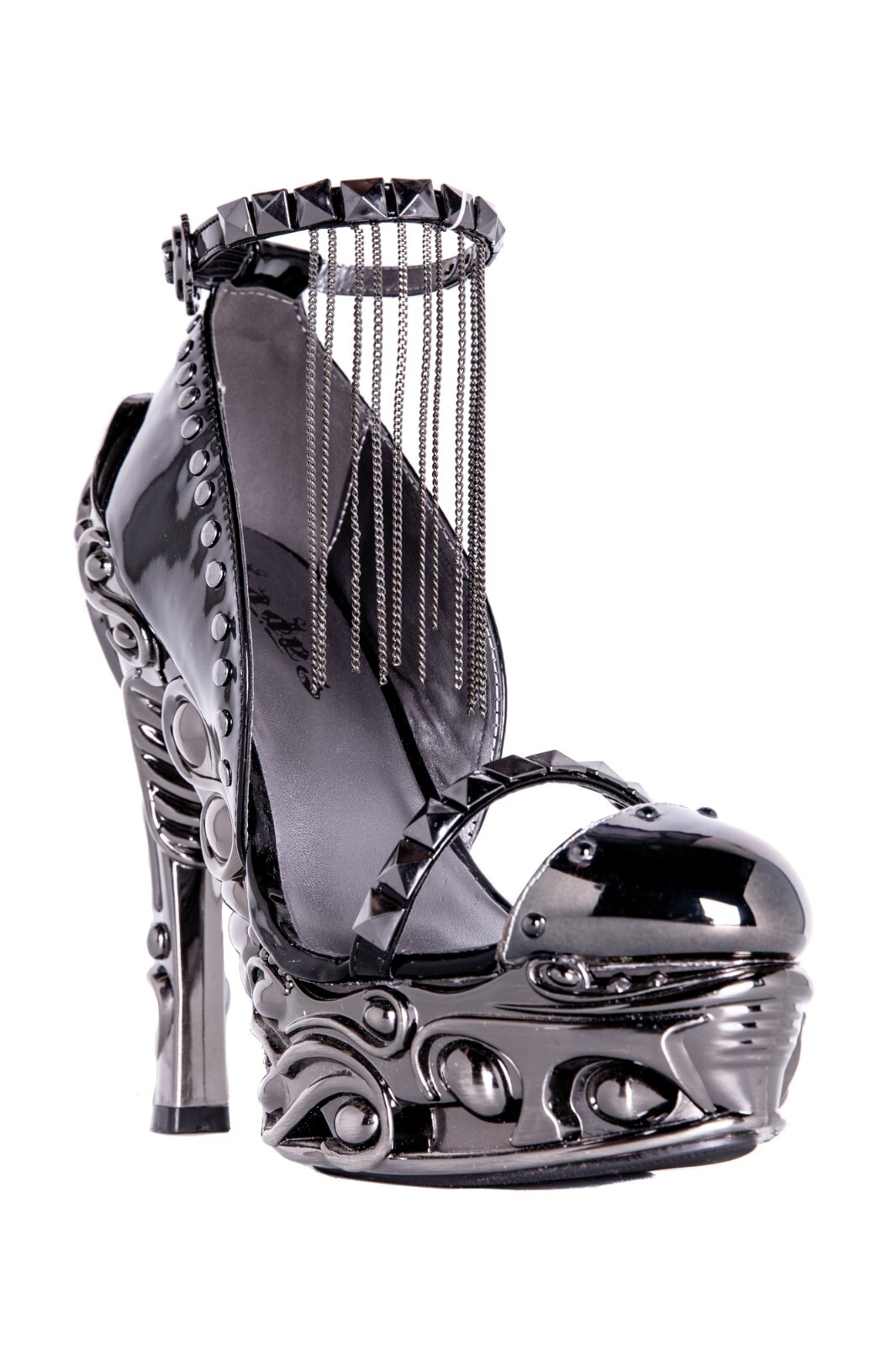 Hades EROS Black Studs Chains 6″ High Ornate Chrome Heels Platform Ankle Strap