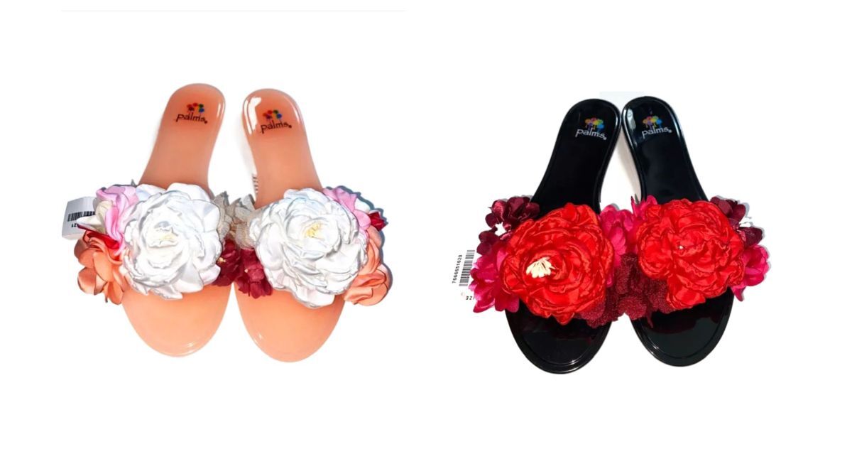 Palms Rosette Flowers 3D Pink White  / Red Black Floral Jelly Slides Sandals