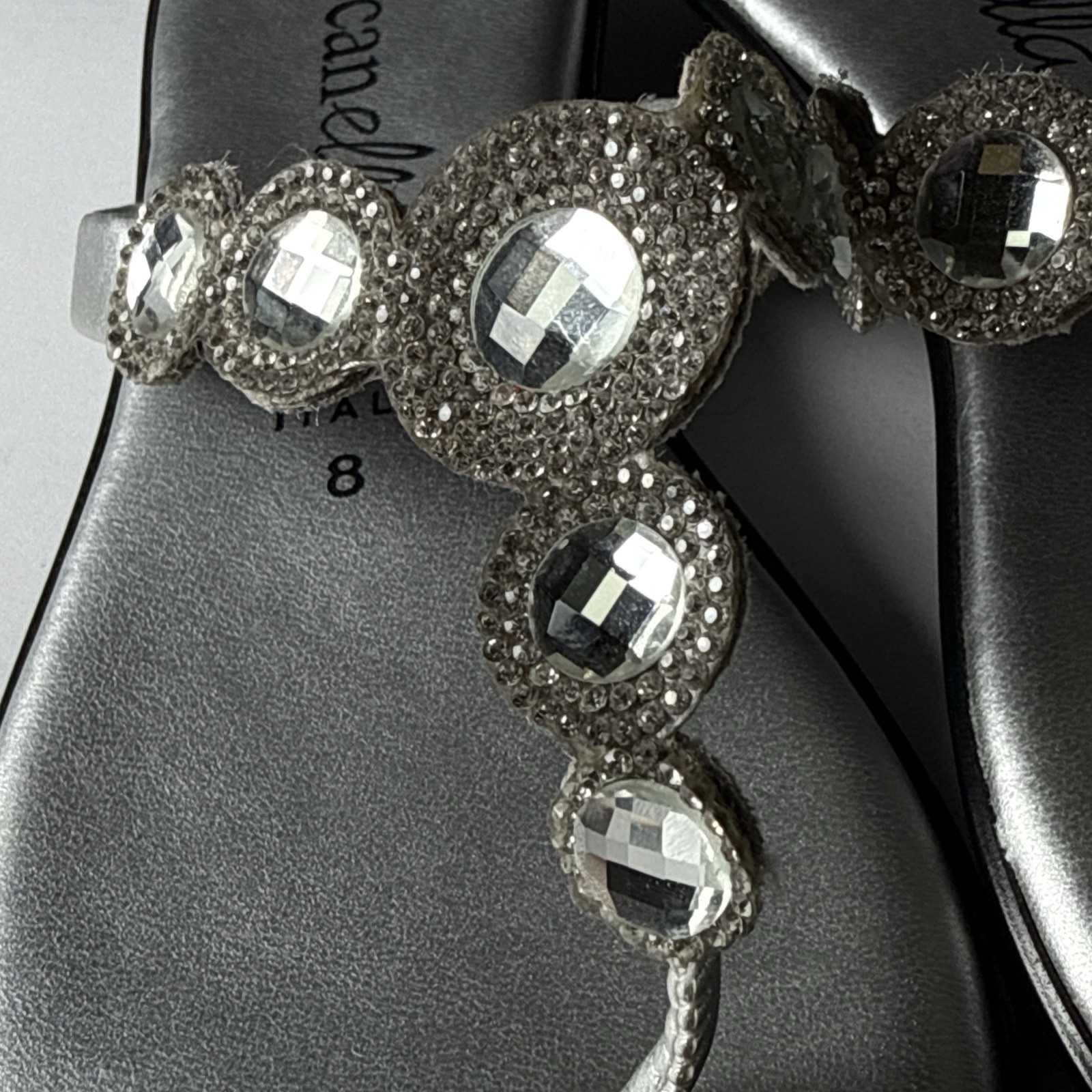 Toscanella Silver & Rhinestones Flip Flop Sandals Women’s Sz 8Mm Made In Italy