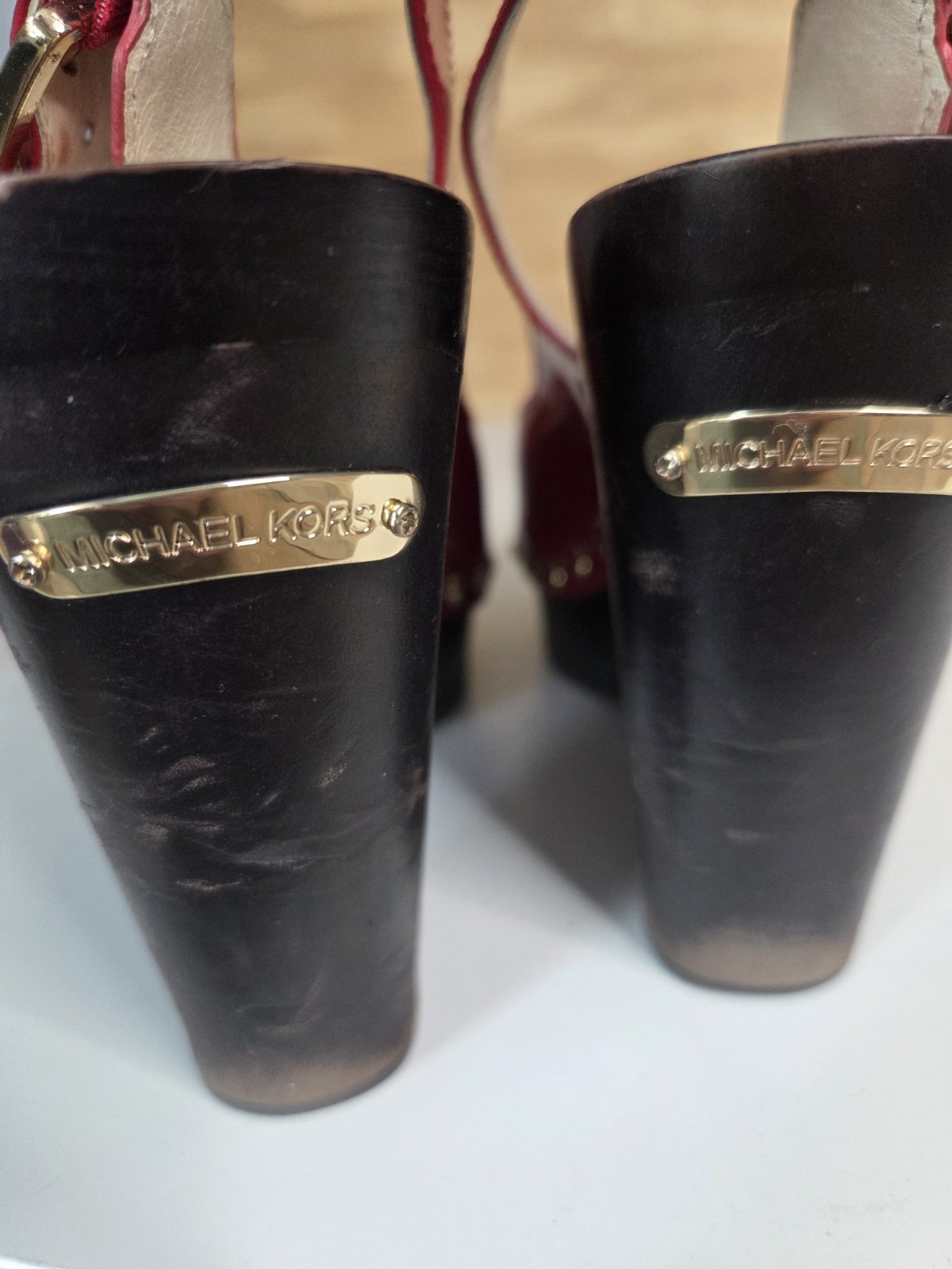 Michael Kors Red Patent Leather Platform Wedge Sandals Gold MK Logo Studded 8.5M