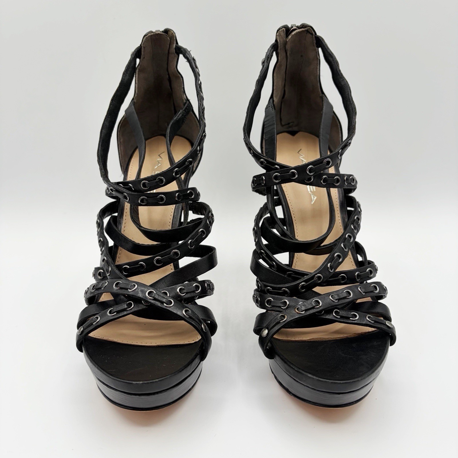 Via Spiga Heels Black Strappy Platform Caged Leather Italy Women’s Shoe Size 7.5