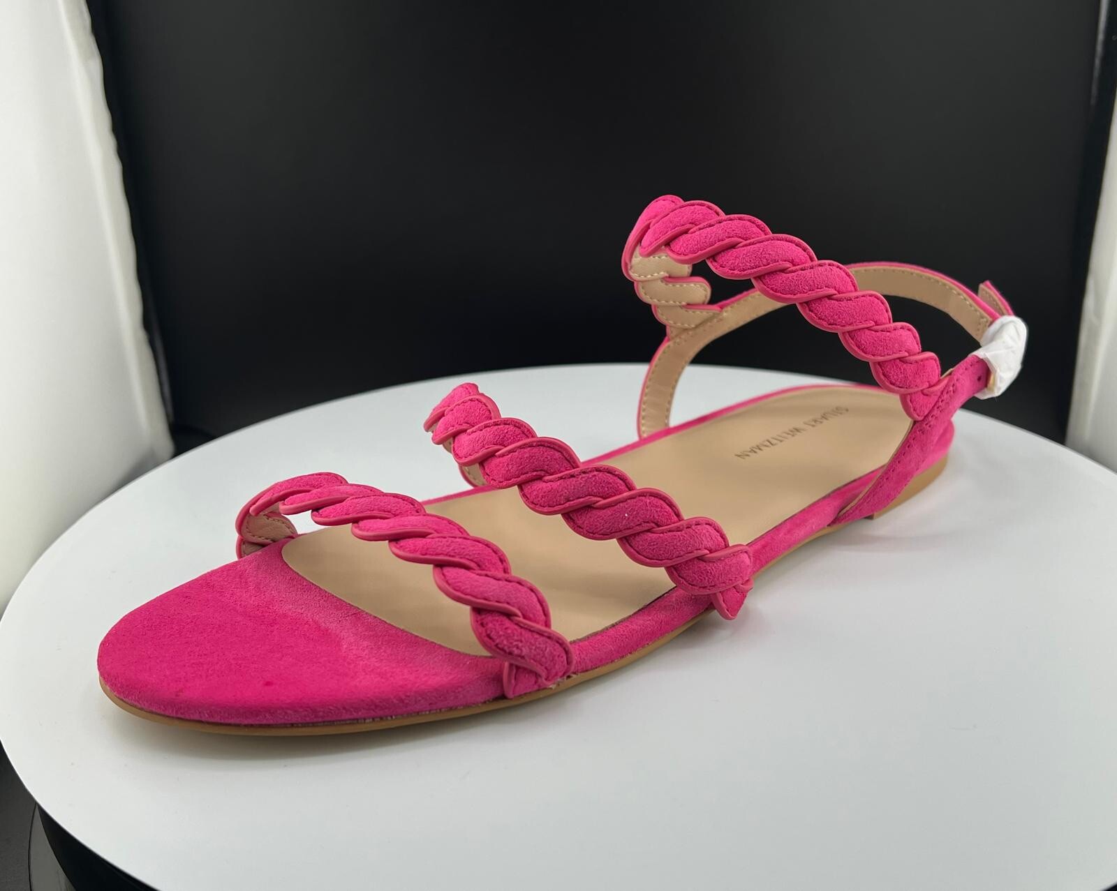 Size 8-Stuart Weitzman Twistie Pink Suede Ankle Strap Flat Sandal Women’s