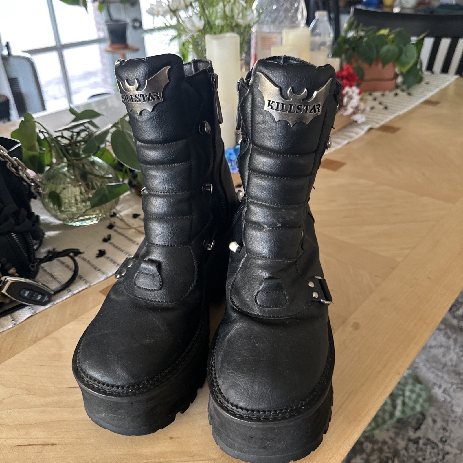 Killstar Women’s Black Platform Boots Bat Logo Gothic Chunky Heels Size US 9