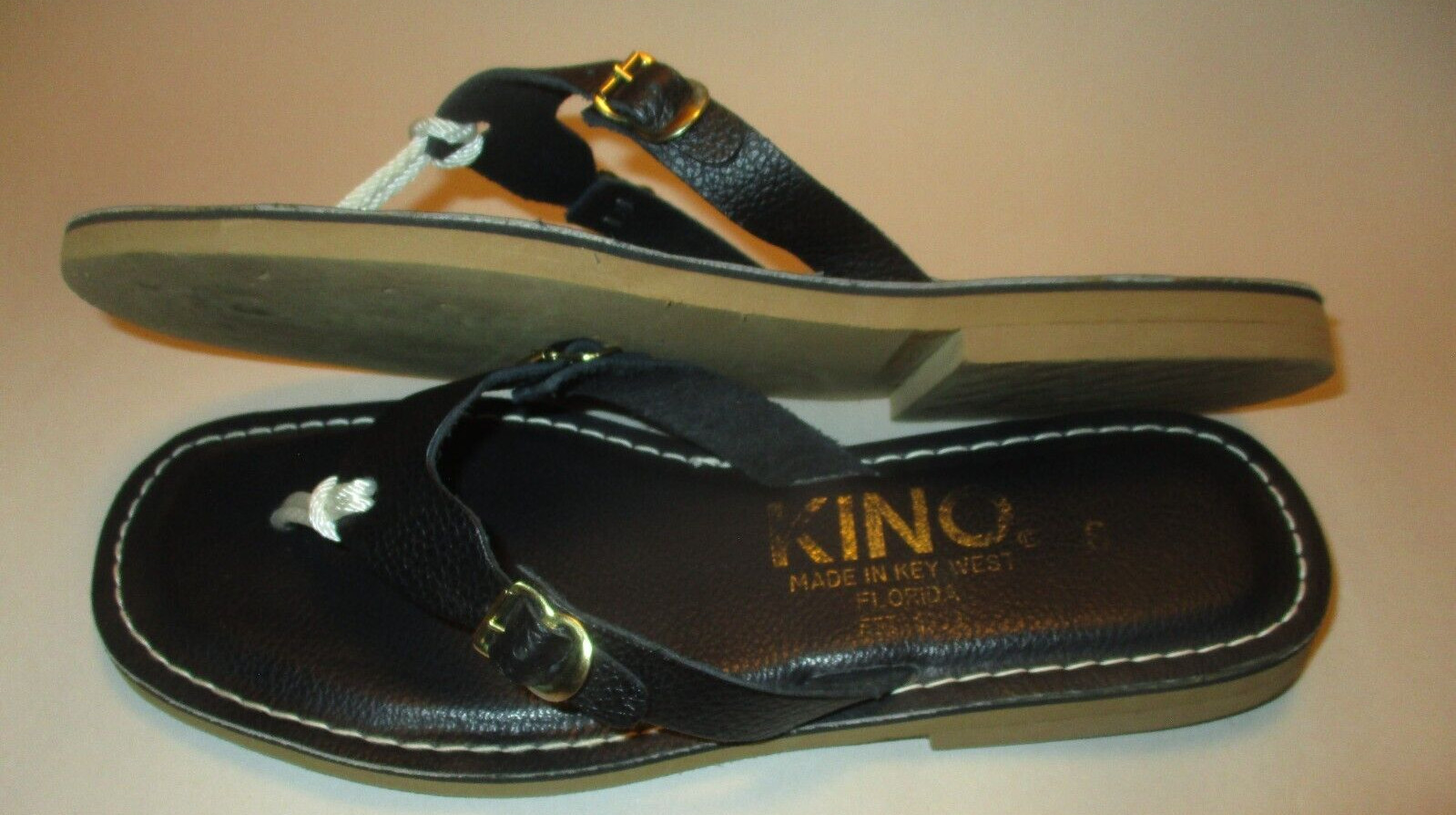 KINO Womens 8 Key West,Florida Navy Blue Leather Adjustable Strap Flip Flops