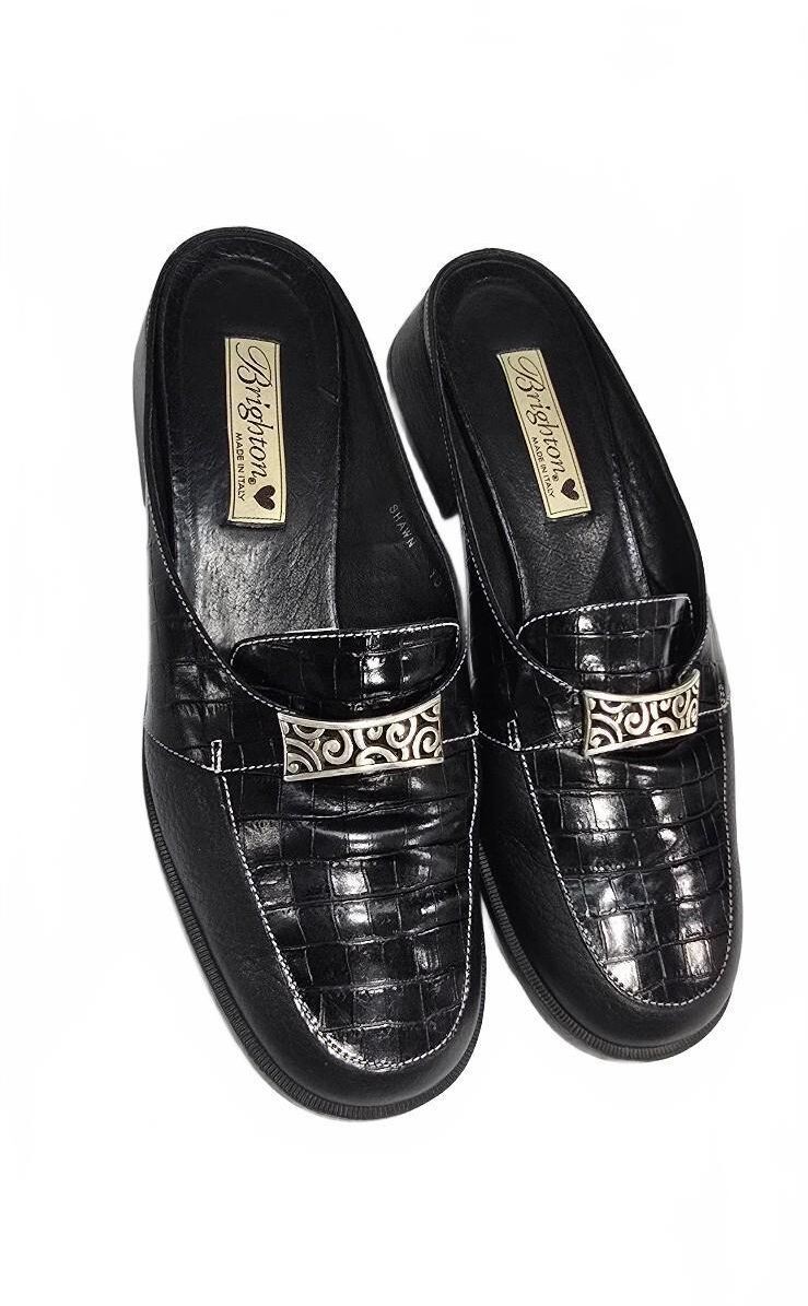 Brighton Black Leather Croc-Embossed Mule Loafers Size 10