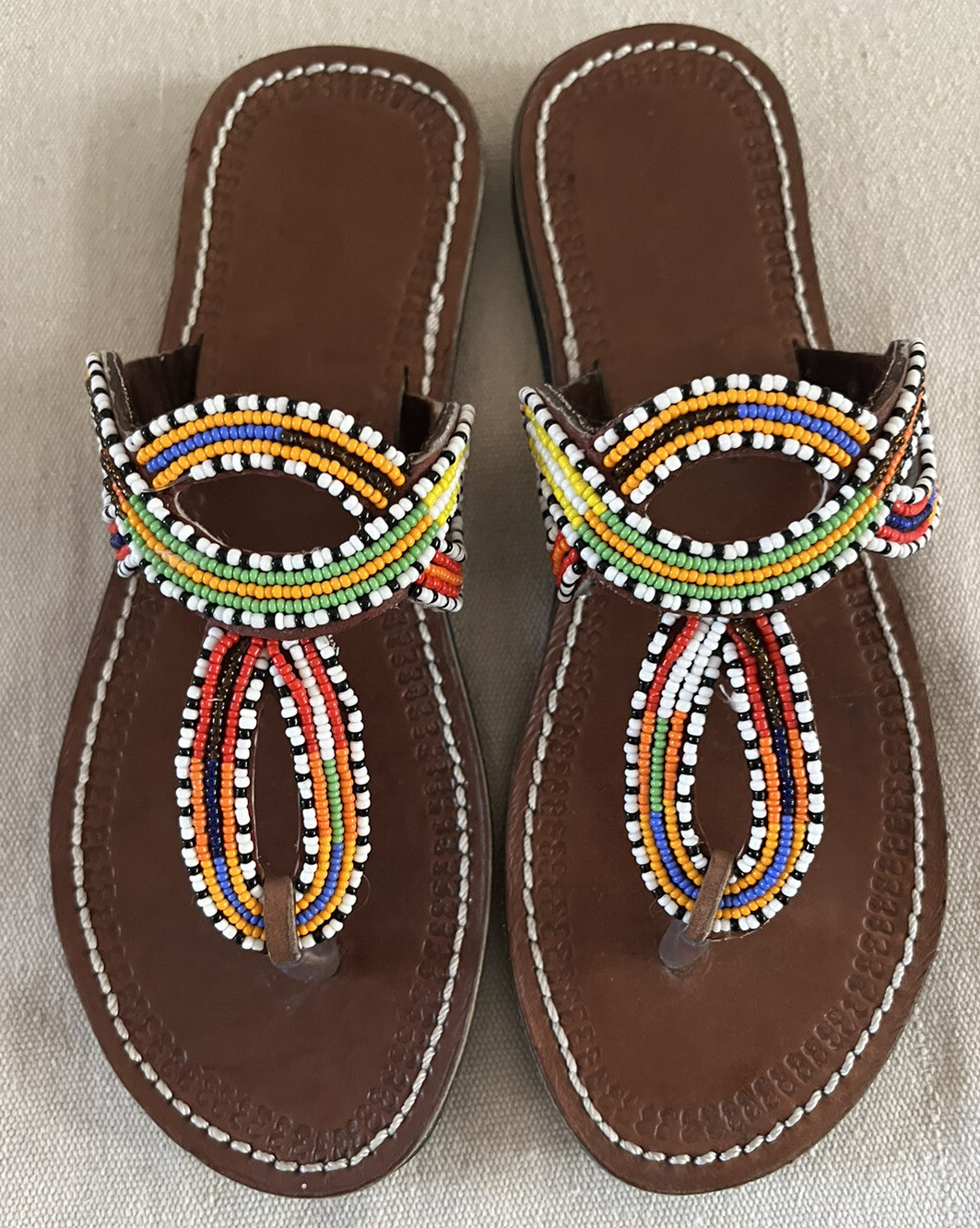Ethnic Tooled Leather & Glass Bead Beaded Flip Flops Thong Sandals Size 41