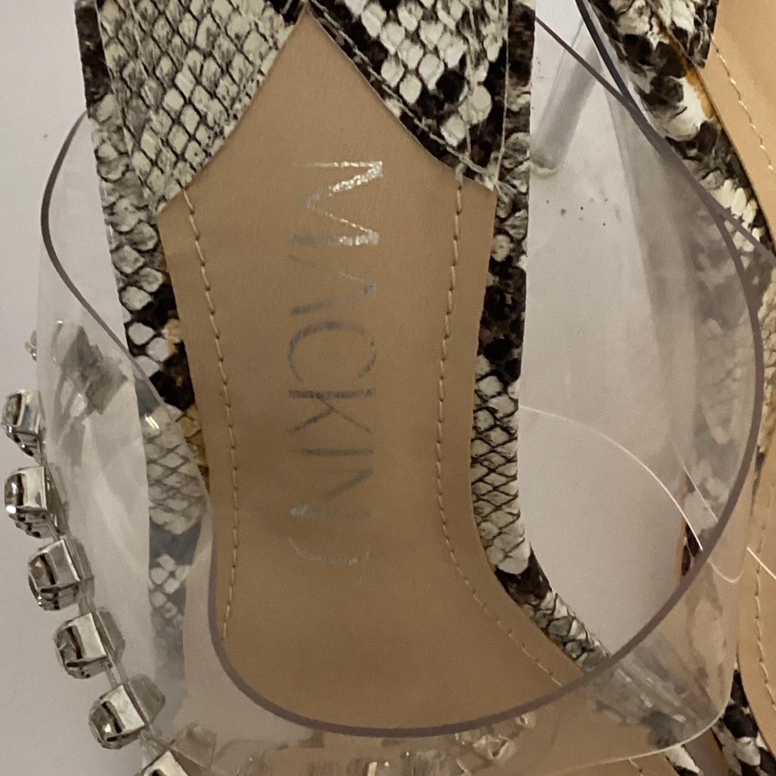 MACKIN J Clear Rhinestone Transparent Strap High Stiletto Heels Sandals Sz8-Prom