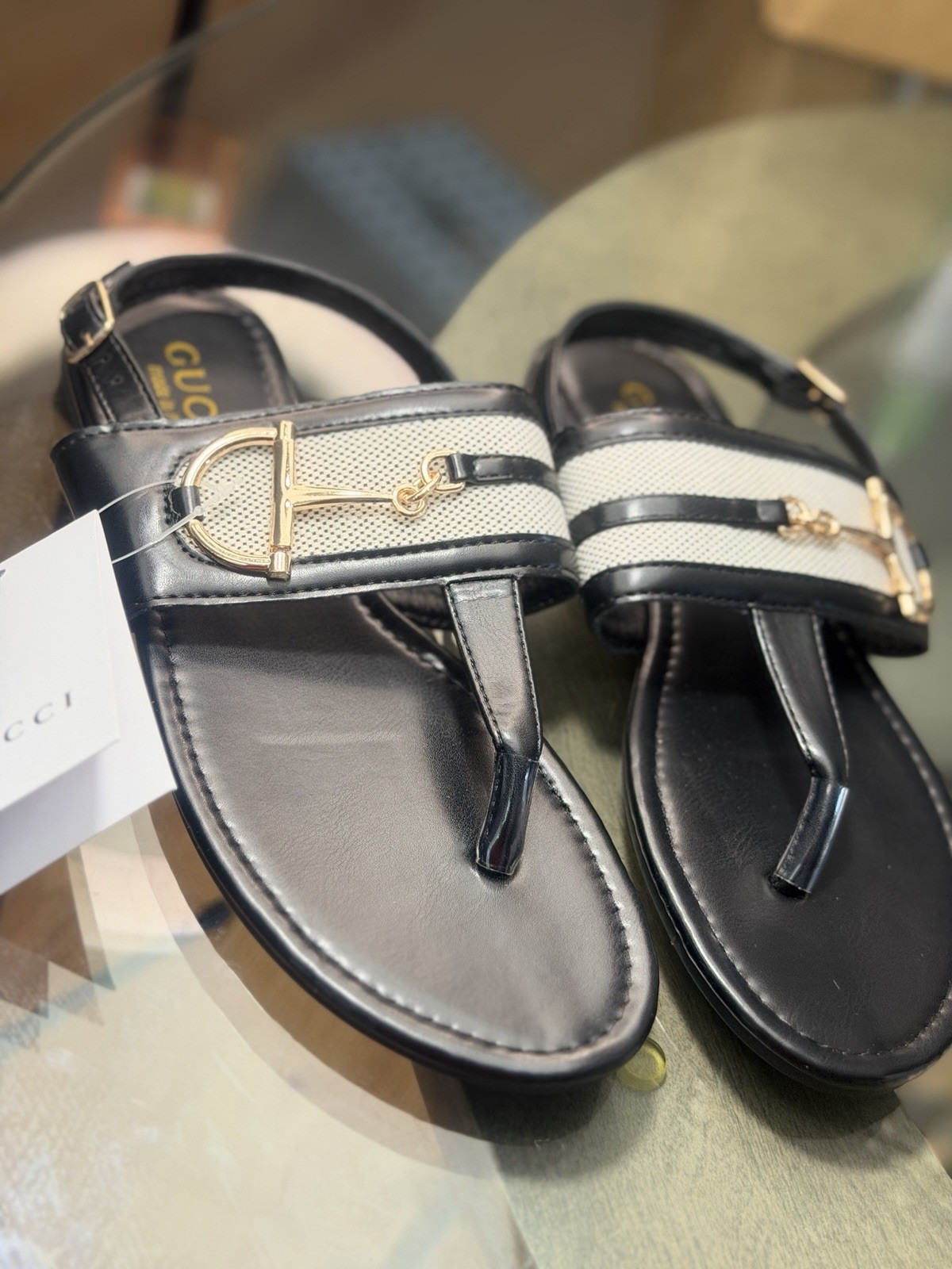 Gucci Women’s Black White Thong Ankle Strap Buckle Sandals Logo EU 38